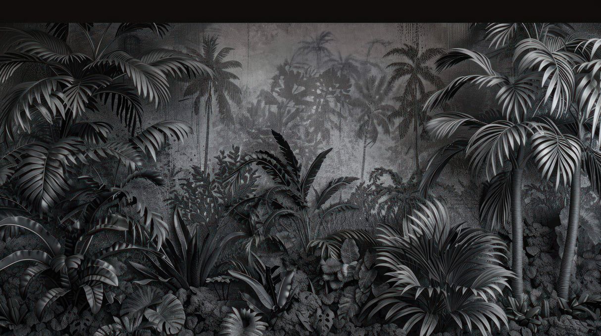 1214x680 Tropical Mural Wallpaper. Dark Jungle Palm Leaves