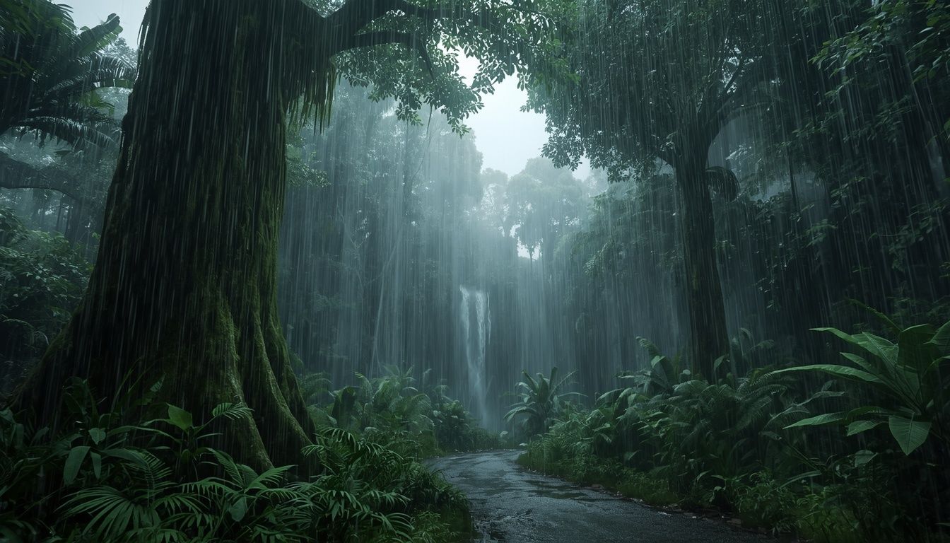1344x768 ultra realistic tropical rainforest heavy
