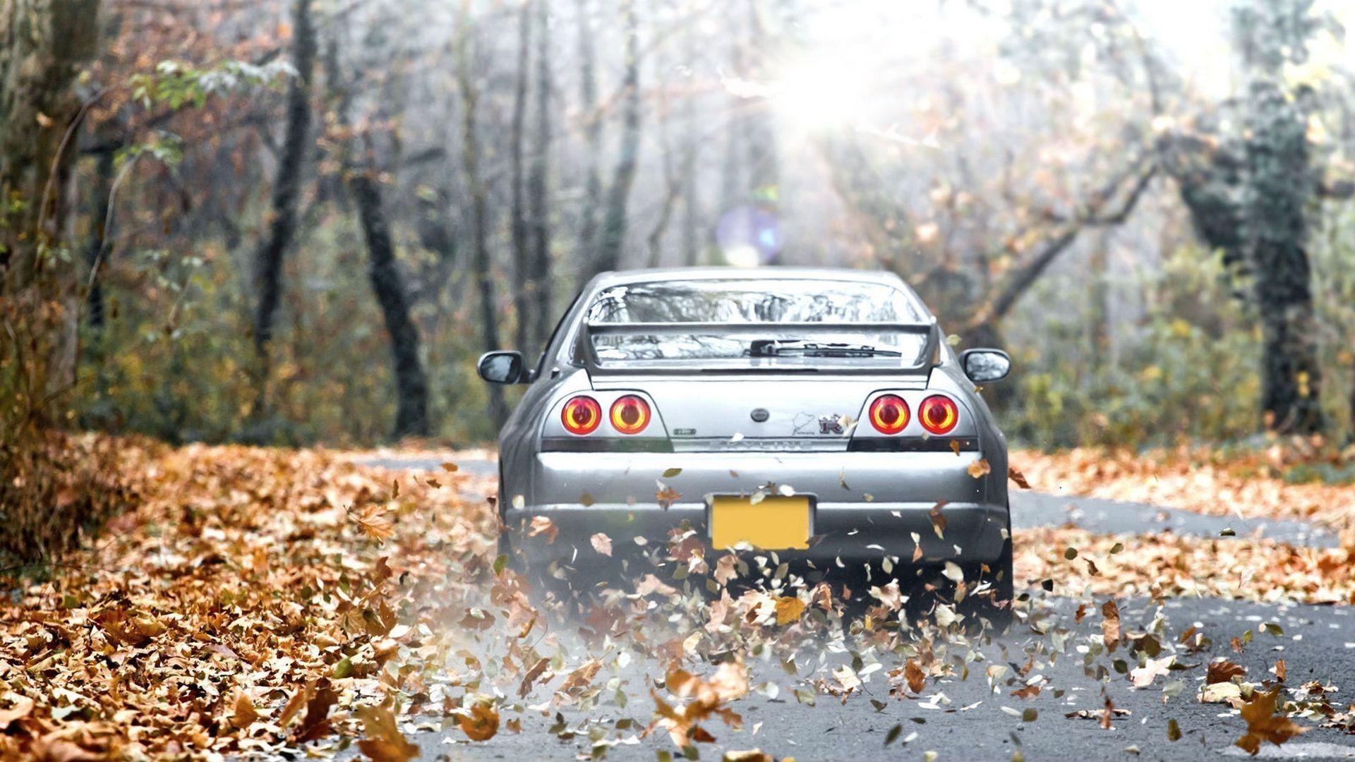 1920x1080 Forest, Cars, Leaves, Roads, Nissan Skyline R33 GT R Wallpaper