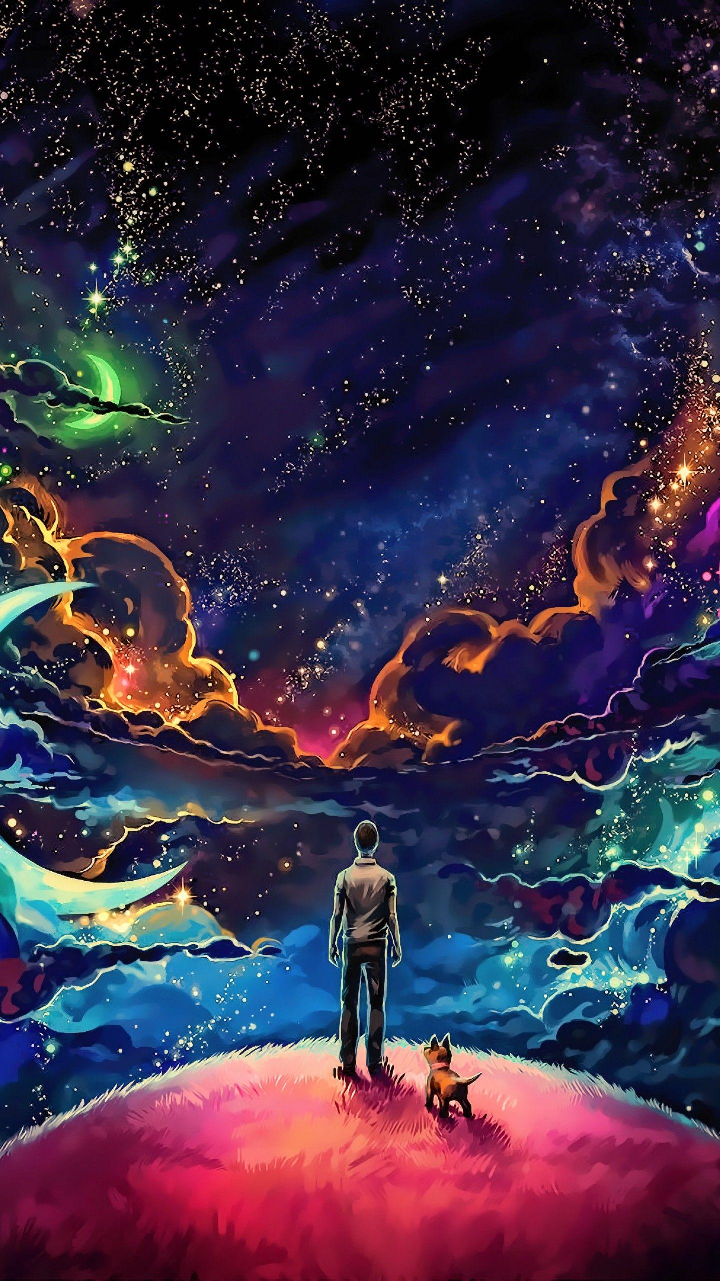 1440x2560 Wallpaper space, planet, man, dog, 4K, Art
