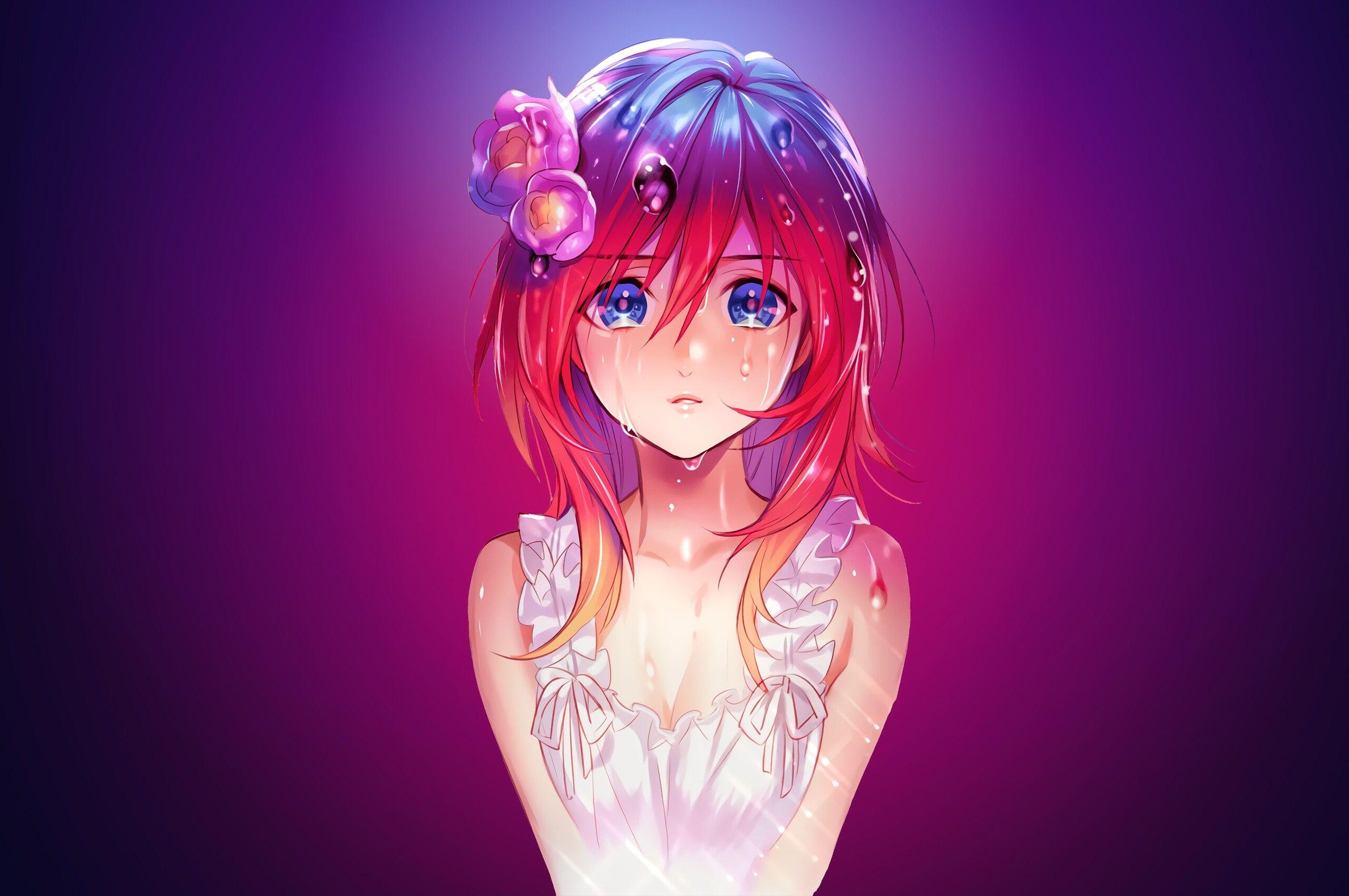2560x1700 Anime Girl Water Drops Red Head Blue Eyes Chromebook