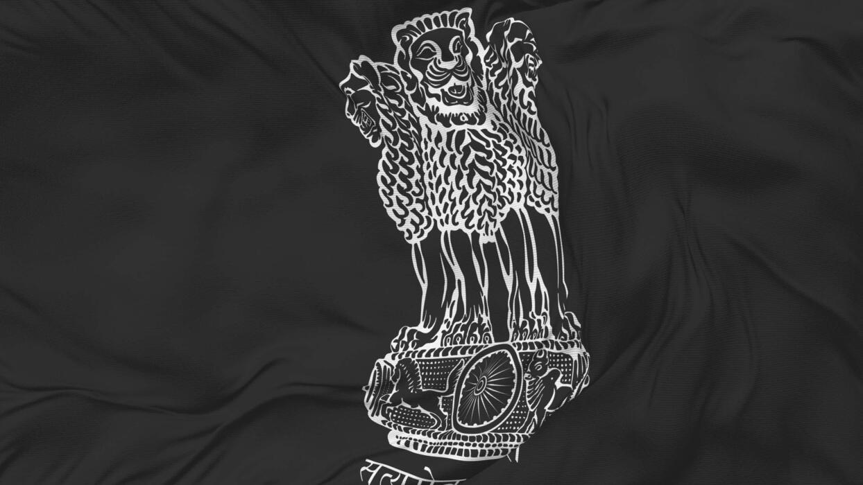 1244x700 India Emblem Flag Seamless Looping Background, Looped Bump Texture Cloth Waving Slow Motion, 3D Rendering