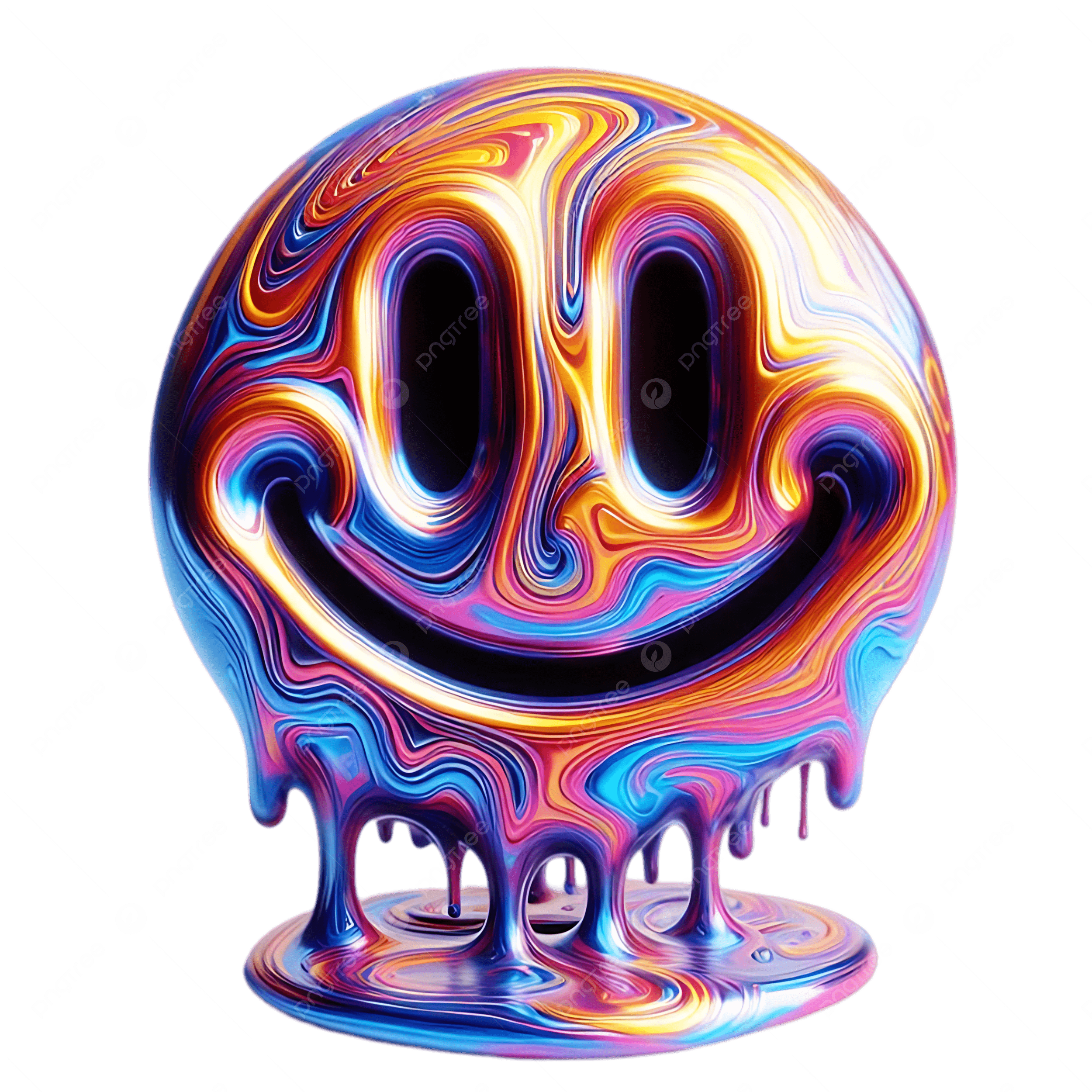 2500x2500 A Colorful Dripping 3D Smiley Face With Vibrant Swirls Of Purple Blue And Orange Against Transparent Background, 3D Dripping Smiley Face, Vibrant Swirled Emoji, Colorful Abstract Smiley PNG Transparent Image and Clipart