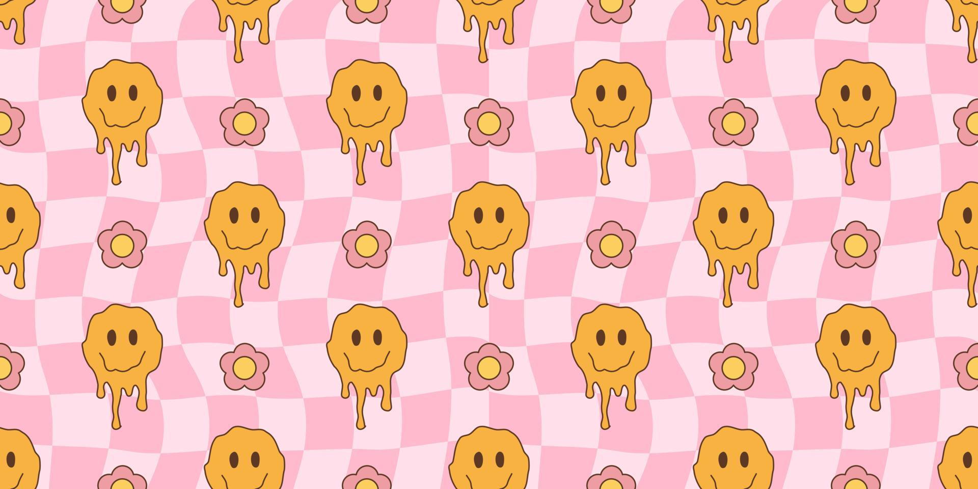 1920x960 Melted smiley faces and flowers, groovy seamless pattern. Retro hippie psychedelic style vector wallpaper in 60s, 70s, 80s