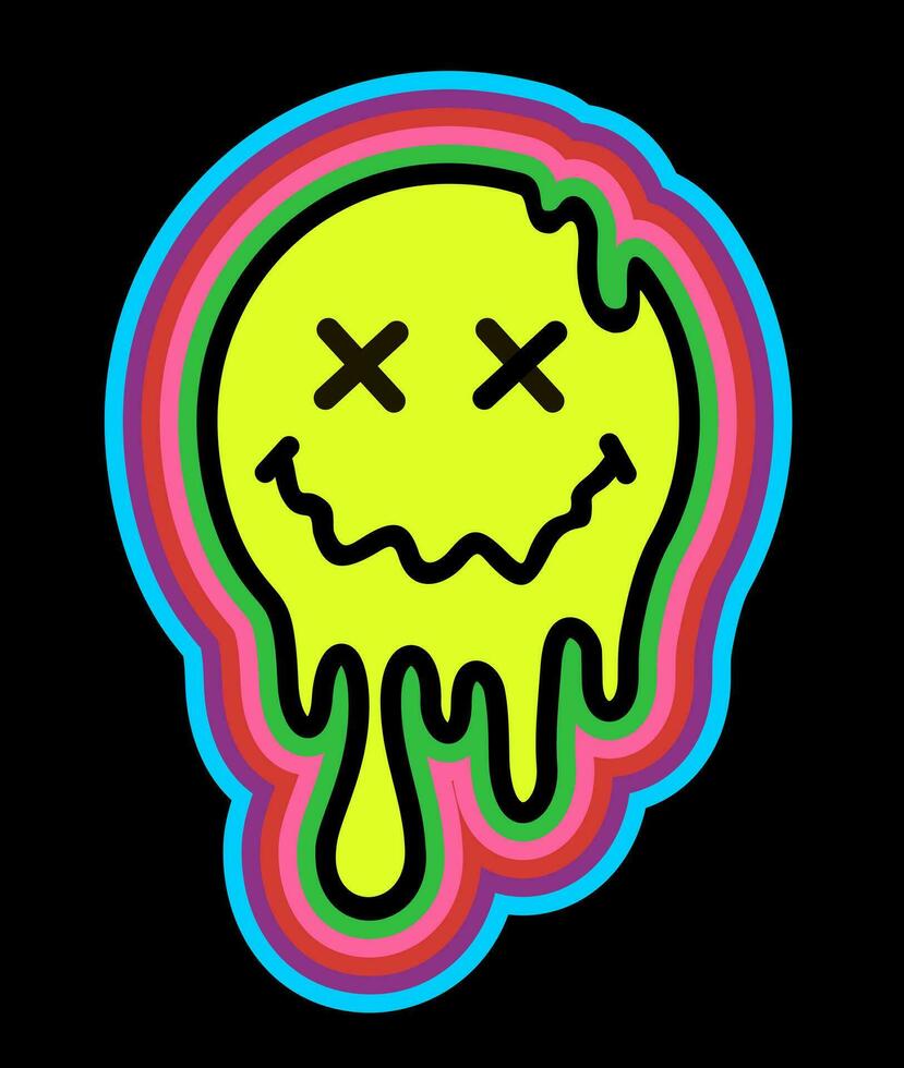829x980 Funny psychedelic surreal techno acid LSD melt smile face logo. Dripping smile. Good mood. Positive emoji. Molten. Vector emoji. Closed eyes