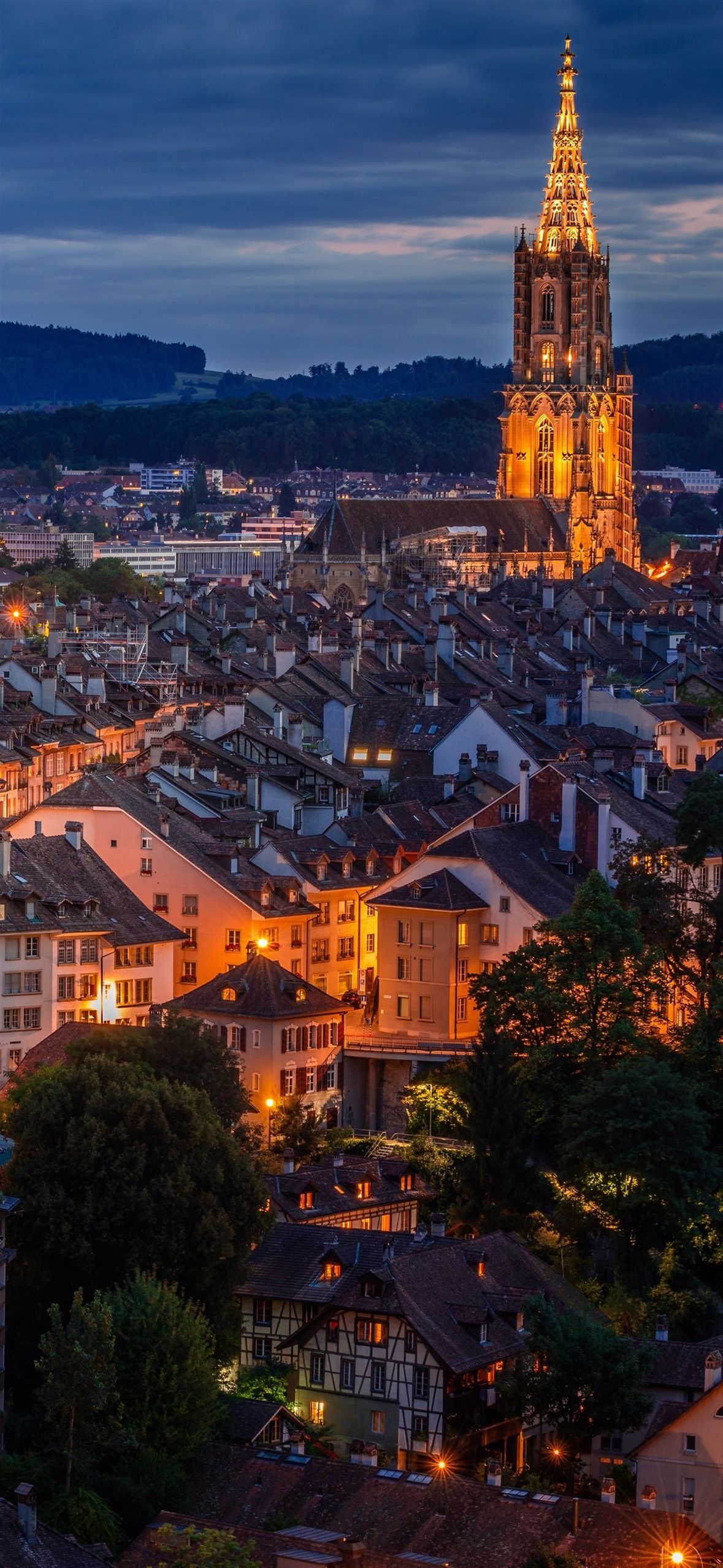 1179x2556 Wallpaper Switzerland, Bern, night city, houses, lights 5120x2880 UHD 5K Picture, Image