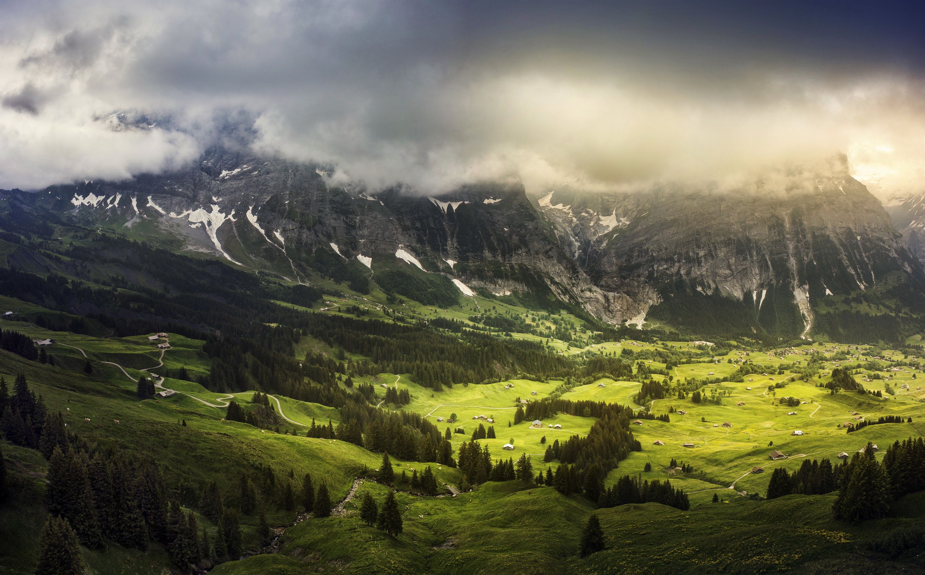 3216x2001 Wallpaper greens, summer, clouds, Switzerland, valley, in the Canton of Bern, Grindelwald for mobile and desktop, section пейзажи, resolution 3216x2001