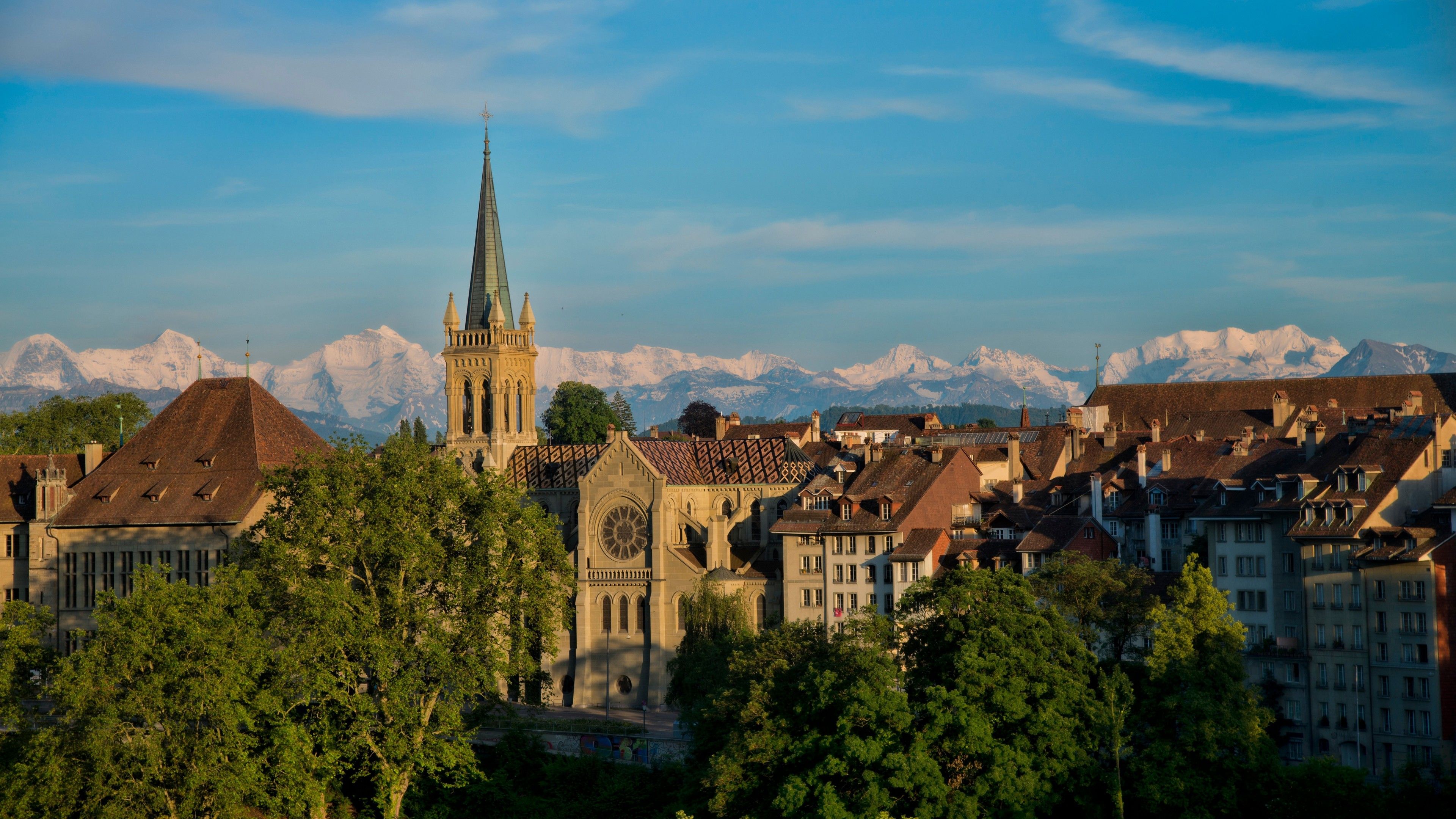 3840x2160 Castle Under Blue Sky With Landscape Of White Covered Mountain Bern Switzerland 4K 5K HD Travel Wallpaper