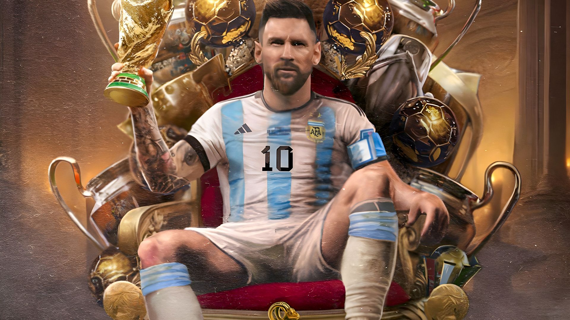 1920x1080 Download Messi, Football player, Throne, King Wallpaper in 1920x1080 Resolution
