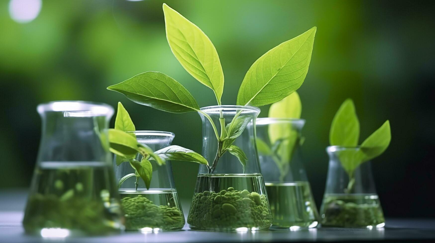 1749x980 Biotechnology concept with green plant leaves, laboratory glassware, and conducting research, illustrating the powerful combination of nature and science in medical advancements. AI Generative