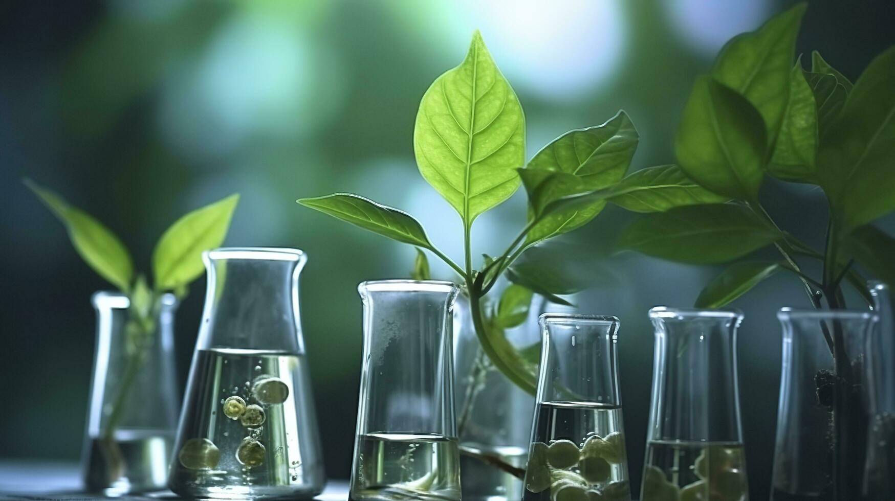 1749x980 Biotechnology concept with green plant leaves, laboratory glassware, and conducting research, illustrating the powerful combination of nature and science in medical advancements. AI Generative
