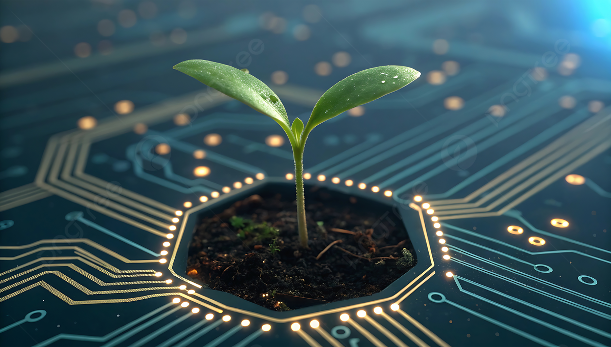 1200x682 A Small Vibrant Green Plant Sprouting From The Center Of Futuristic Glowing Circuit Board, Green Plant, Circuit Board, Motherboard Background Image And Wallpaper for Free Download