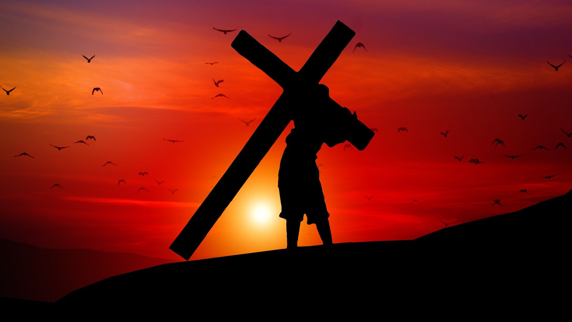 1920x1080 Jesus Cross Wallpaper 4K, Sunset, Orange sky, Silhouette