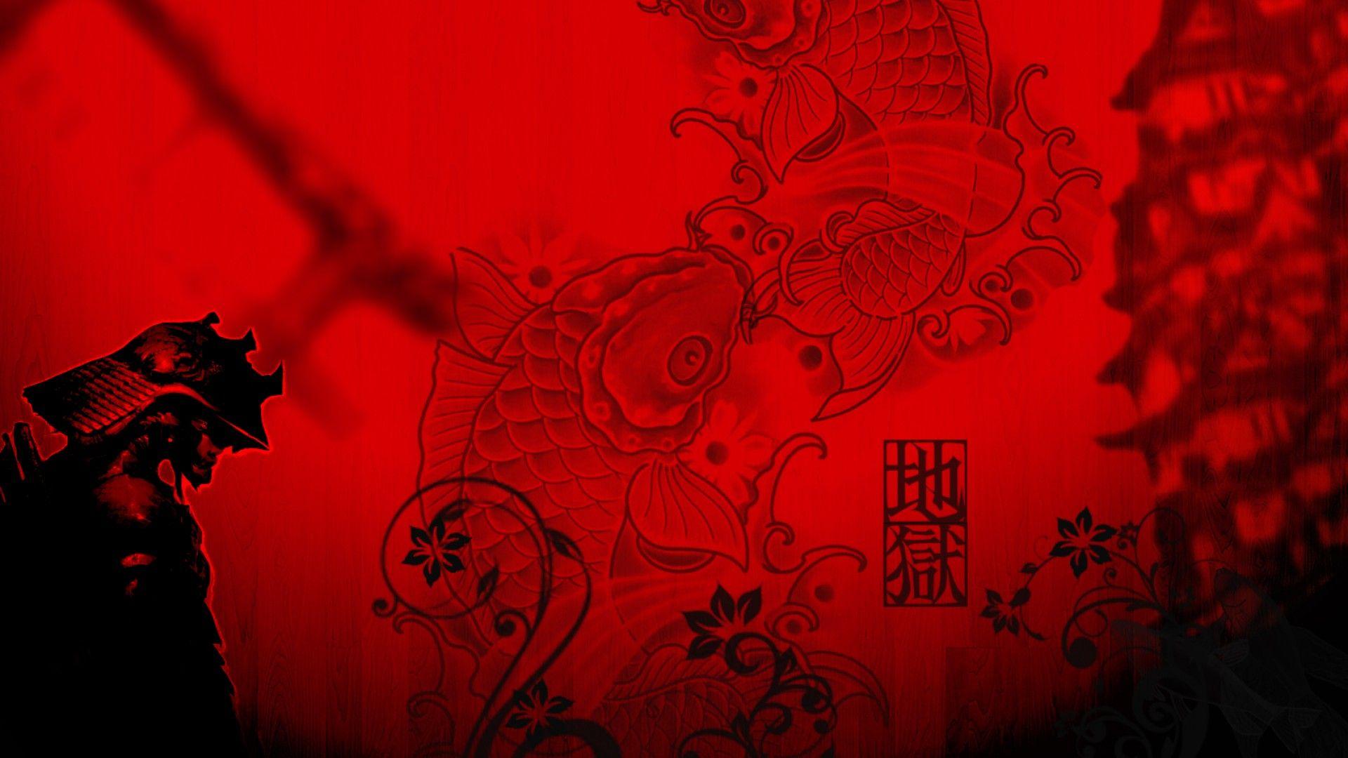 1920x1080 ScreenHeaven: Tác phẩm nghệ thuật cá hoa nền đỏ samurai desktop