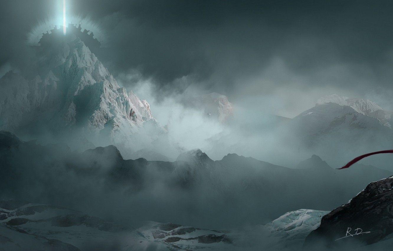 1332x850 Wallpaper the sky, girl, clouds, mountains, nature, fog, anime