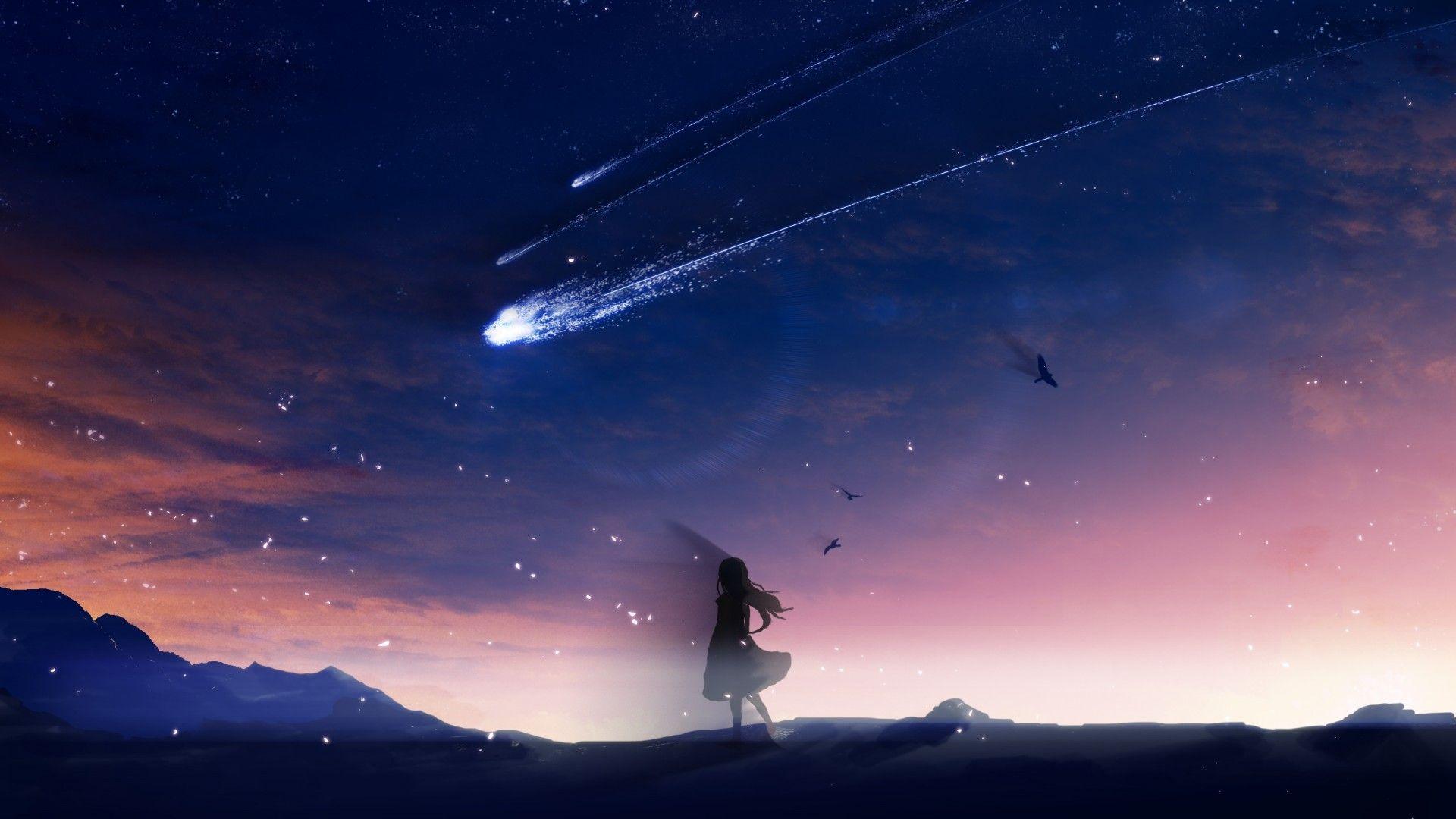 1920x1080 anime wallpaper anime anime girls shooting stars birds