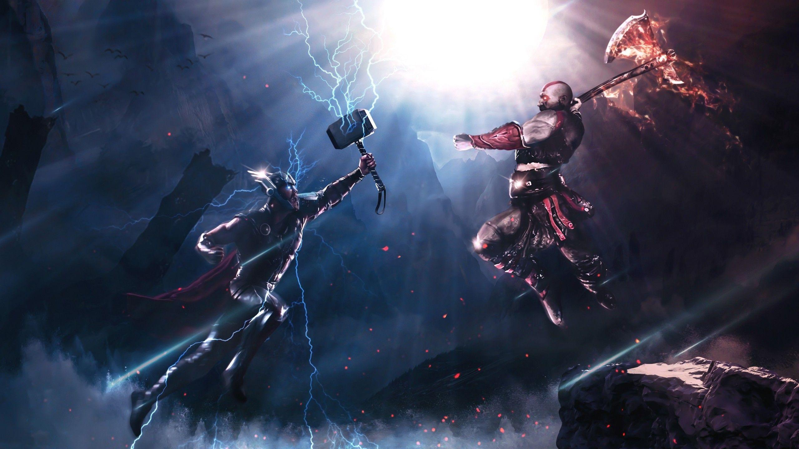 2560x1440 Download 2560x1440 Kratos Vs Thor, Fight, Crossover, Lightning
