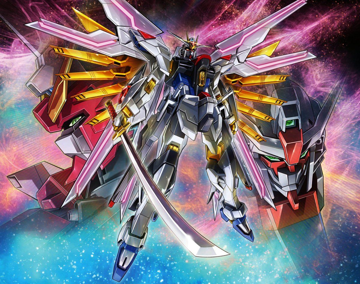 1200x946 Infinite Justice Gundam Type II, Mighty Strike Freedom, and Destiny Gundam Spec II Mobile Suit Gundam SEED Freedom novel ver. cover illustration art