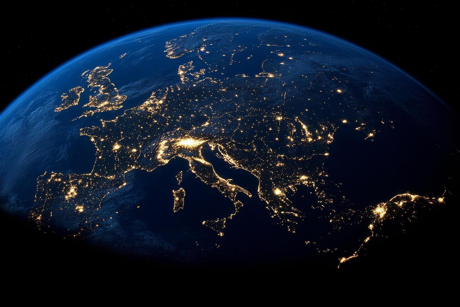1470x980 Europe at night from space, with lights of europe and european cities visible