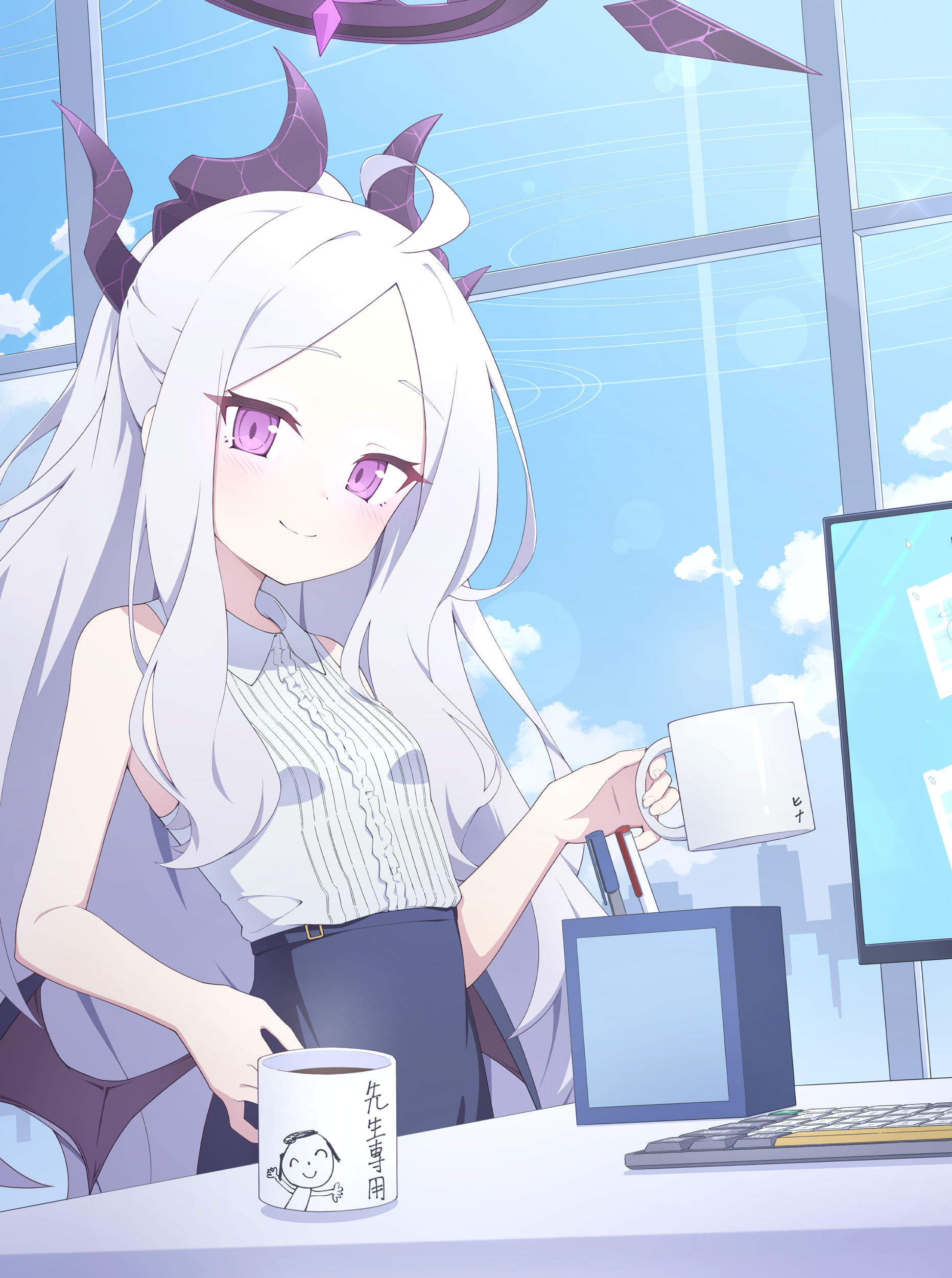 1864x2502 white hair, long hair, smiling, closed mouth, standing, bare shoulders, women indoors, small boobs, Quarterlift, Sorasaki Hina (Blue Archive), Blue Archive, purple eyes, demon horns, portrait display, anime girl with wings, window