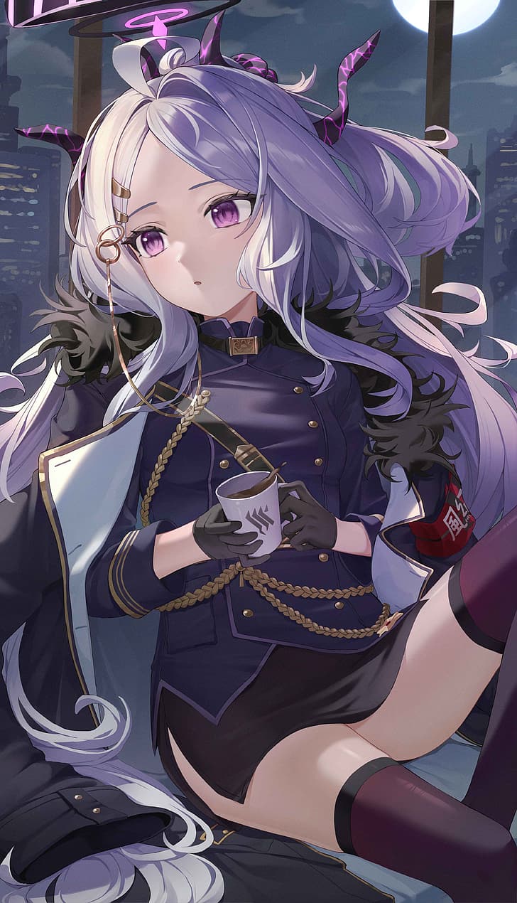 728x1270 HD wallpaper: Sorasaki Hina (Blue Archive), long hair, white hair, demon horns