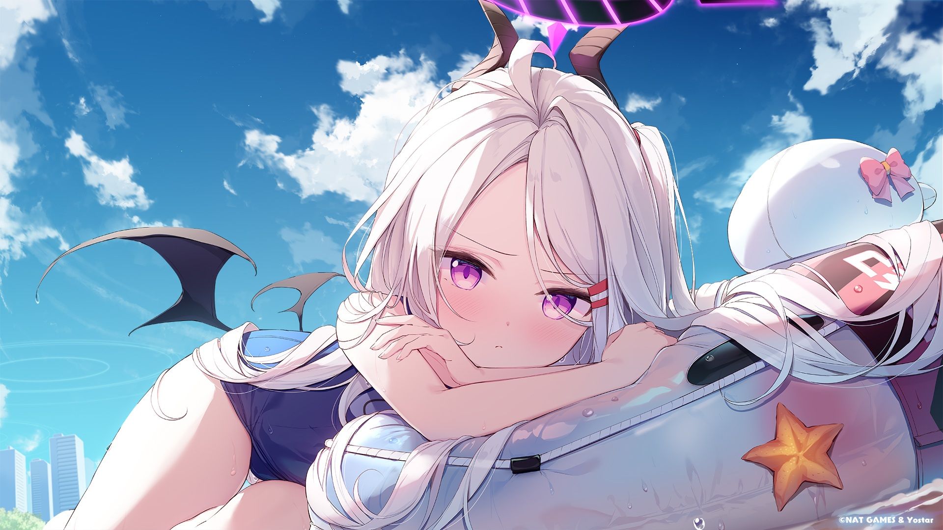 1920x1080 Nijihashi Sora, white hair, long hair, anime, anime girls, Blue Archive, Sorasaki Hina (Blue Archive), artwork, purple eyes, blushing, horns, wings, loli, school swimsuitsx1080 Wallpaper