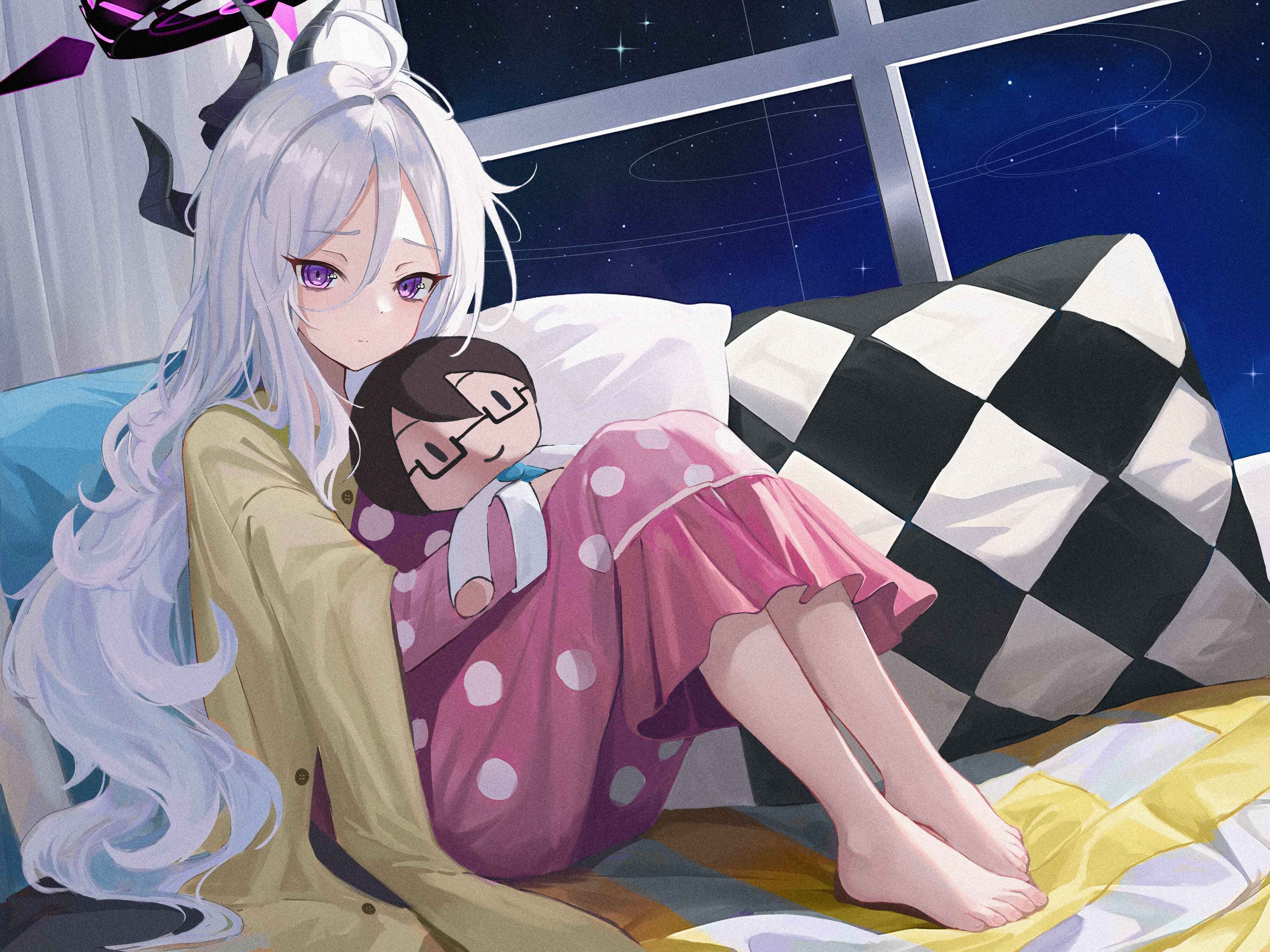 4000x3000 long hair, white hair, Astelia, hair between eyes, women indoors, sitting, looking at viewer, barefoot, Sorasaki Hina (Blue Archive), Blue Archive, pyjamas, demon horns, anime, pillow, anime girls, purple eyes, horns, stars