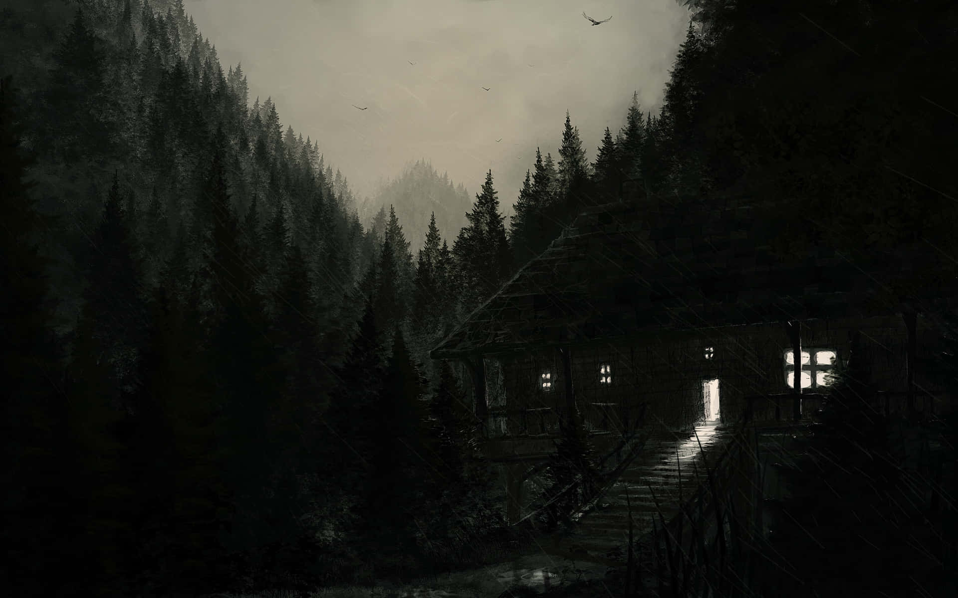 1920x1200 Download Mystic Forest Cabin Night Wallpaper