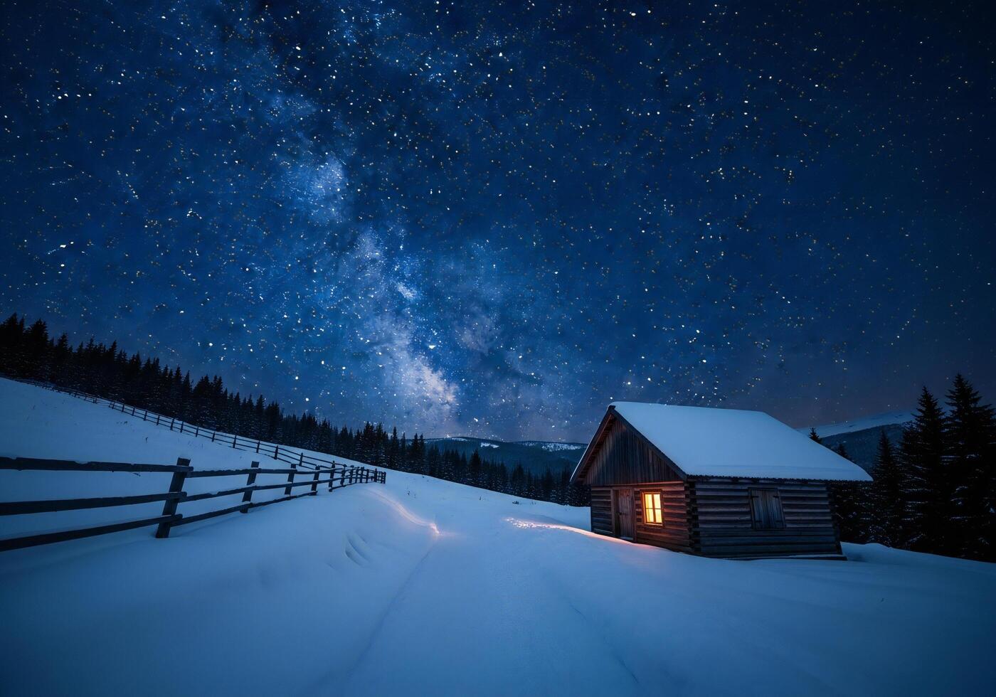 1400x980 Christmas background, Christmas wallpaper, Snowy log cabin under the Milky Way with fence and dark pine forest Christmas background