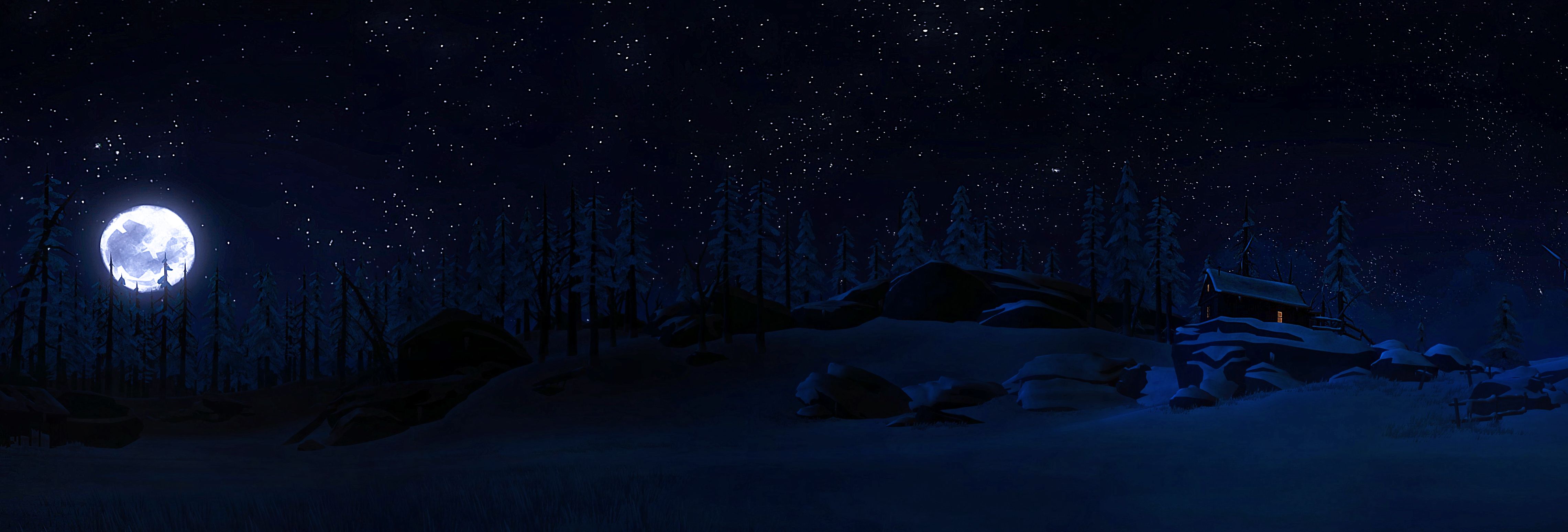 4561x1547 Download Cabin Snow Winter Moon Forest Wood Star Night Video Game The Long Dark Winter Night Night Snow HD Wallpaperx1547