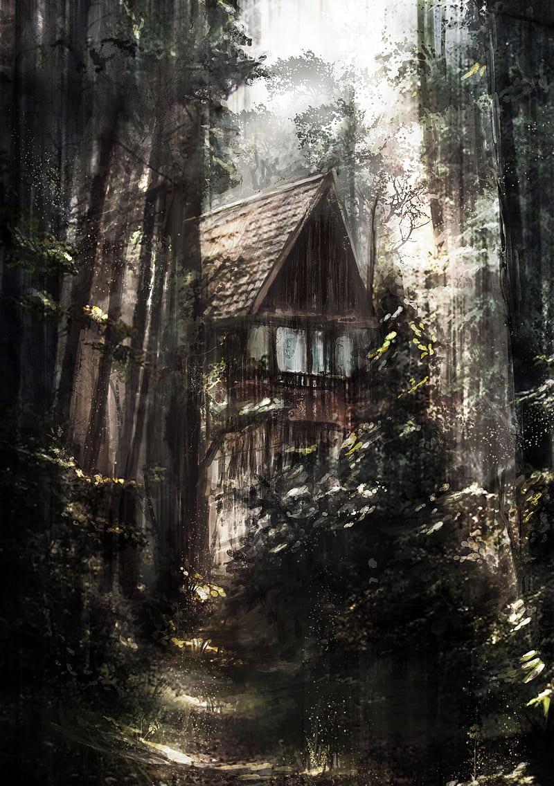 800x1136 Abandoned house, forest, painting, dark, scary, Fantasy, HD phone wallpaper