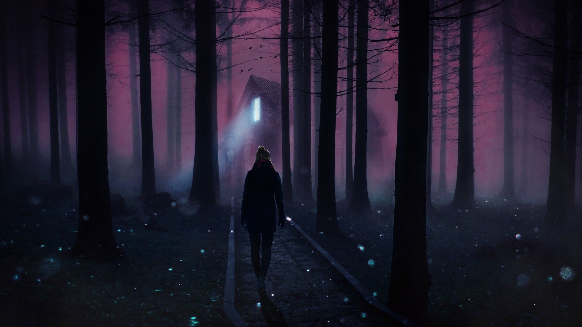 1920x1080 Desktop wallpaper: Dark, Fantasy, Cabin, Forest, Light 4K free download for PC. 937485