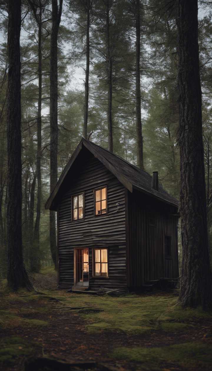 720x1260 A lonely cabin standing stark against the dense, dark woods, with the only light source coming from its solitary window. Wallpaper [64039186bead4b71871a]