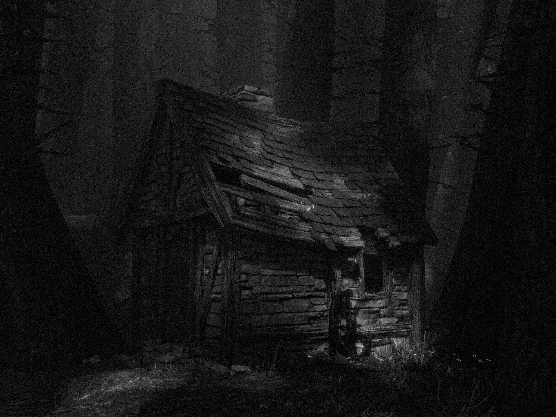 1920x1440 Shabby Cabin in the Dark Woods