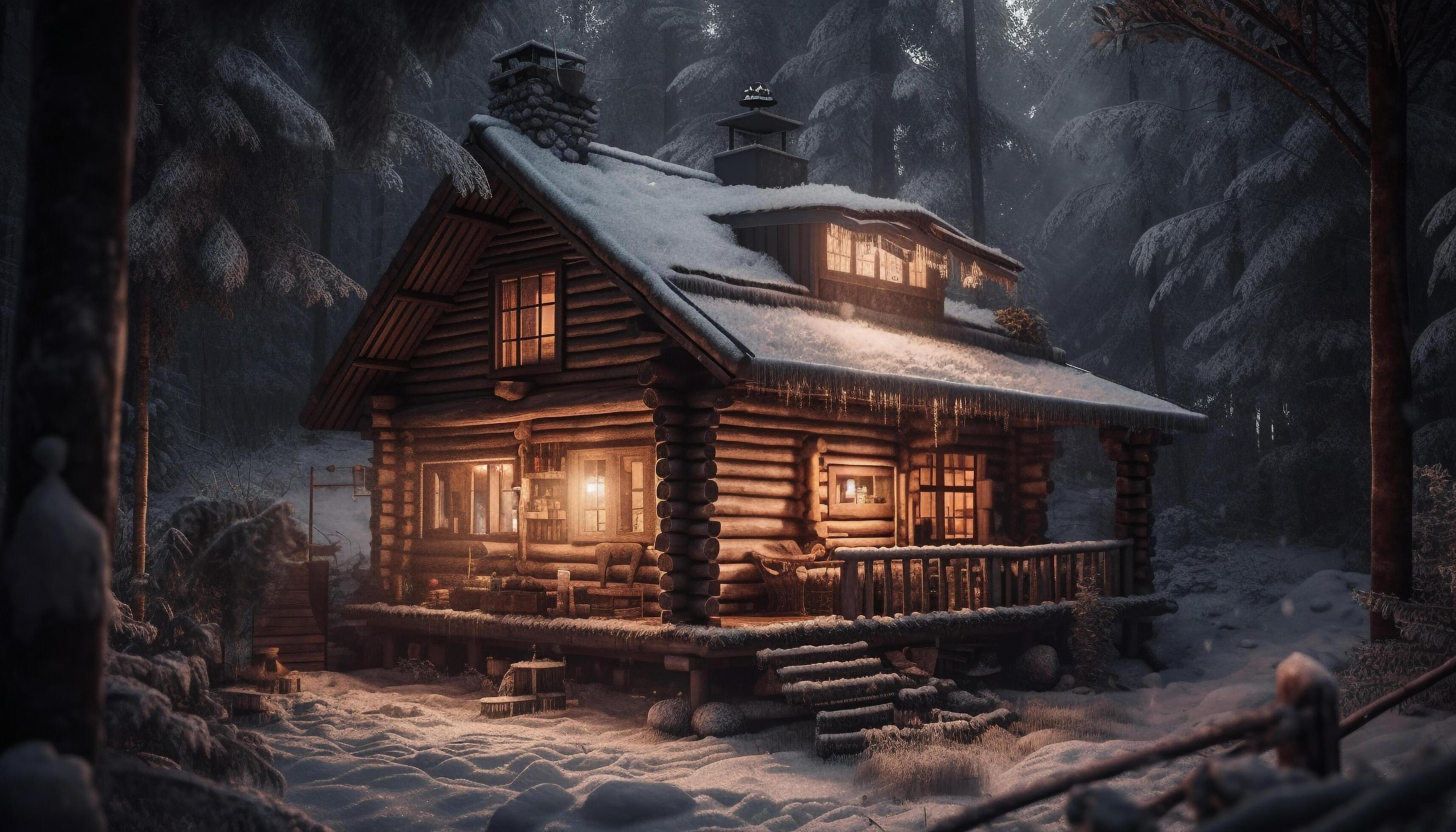 3430x1960 Spooky log cabin in the dark forest generated