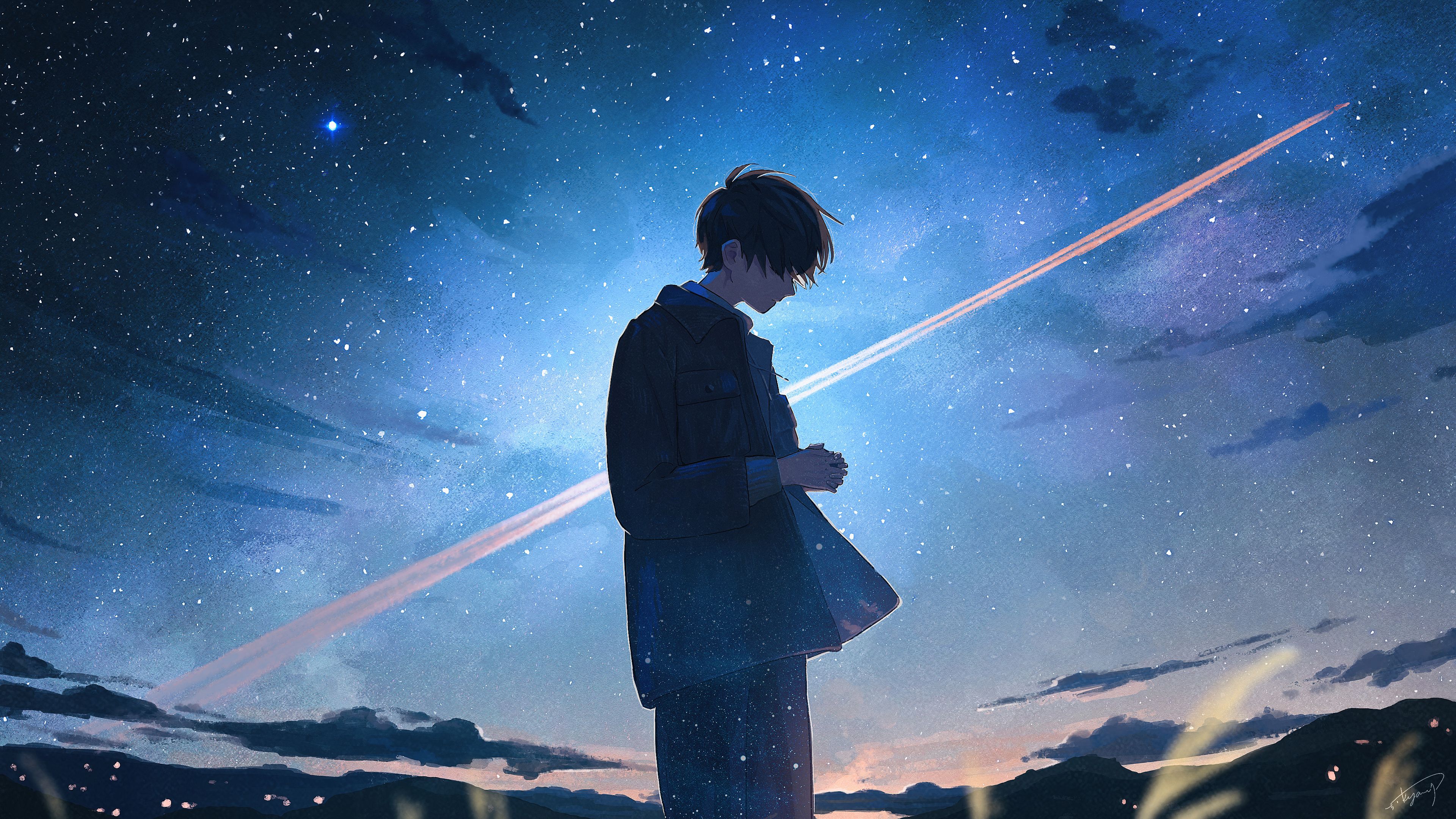 3840x2160 4K Ultra HD Anime Boy Silhouette Under a Starry Night Sky by アキヤミx2160