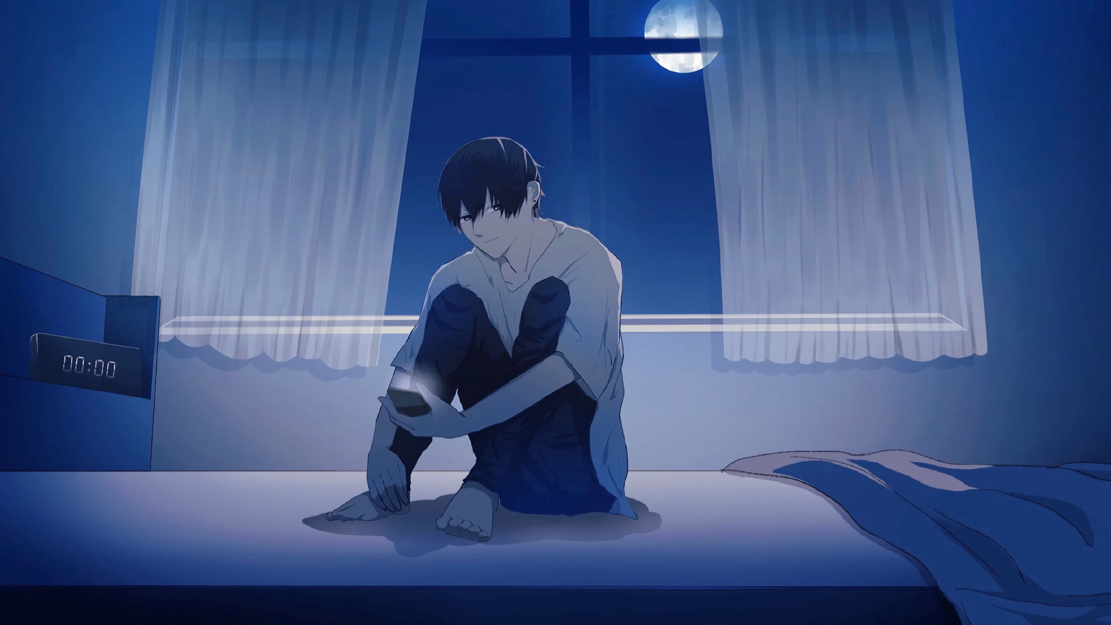 3840x2160 Boy Is Sitting Alone On Bed During Nighttime 4K HD Anime Boy Wallpaper