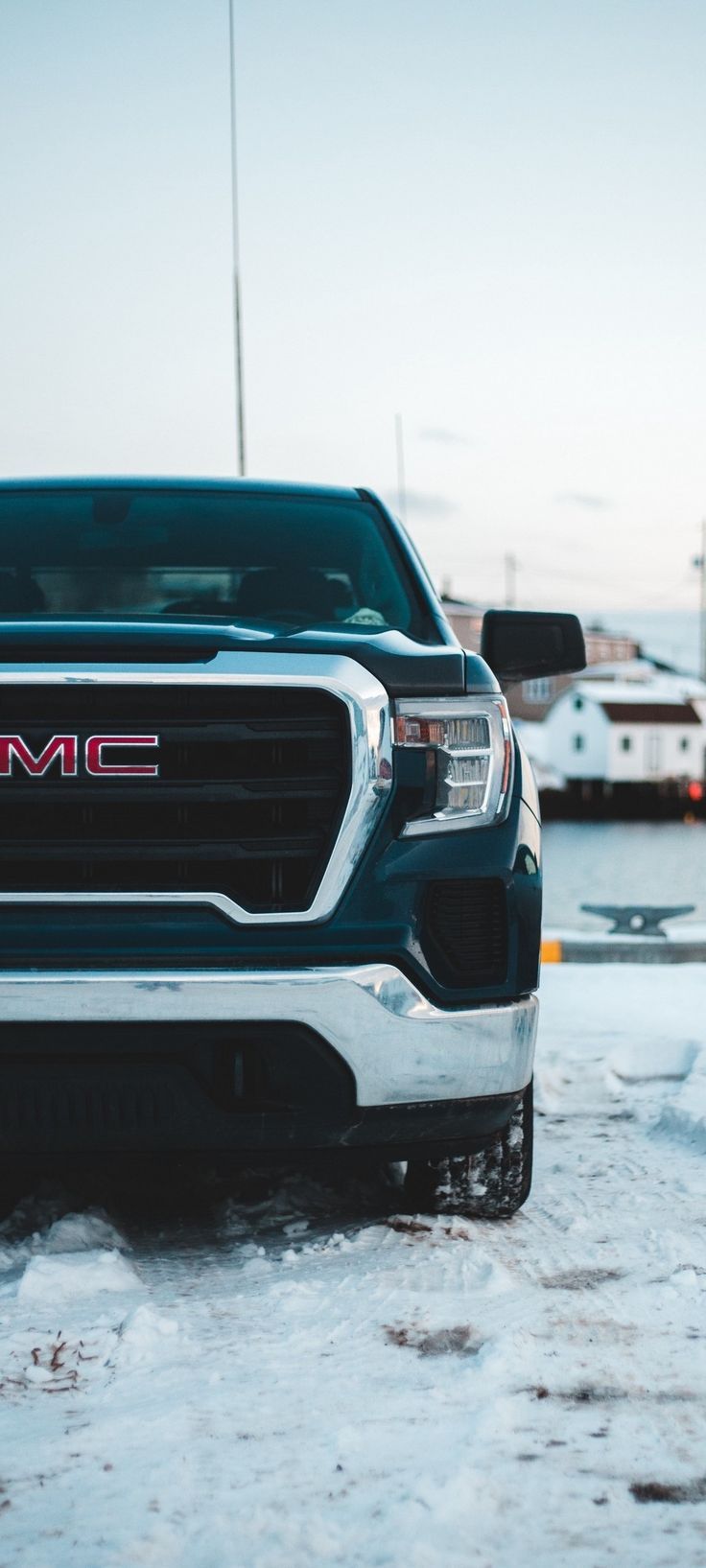 736x1635 Blue GMC Truck Parked on Snowy Ground. Gmc wallpaper iphone, Gray pickup truck parked outside