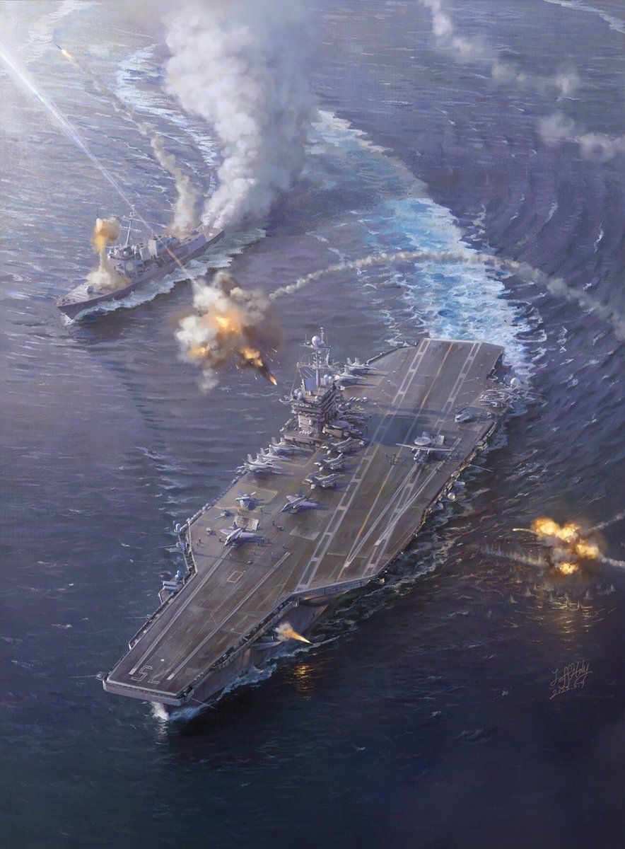 884x1200 A US Navy aircraft carrier intercepting a combined attack by cruise and hypersonic missiles. The planes on the deck won't be happy with the resultant shower of debris! Excellent #art by 'jeffbearholy'