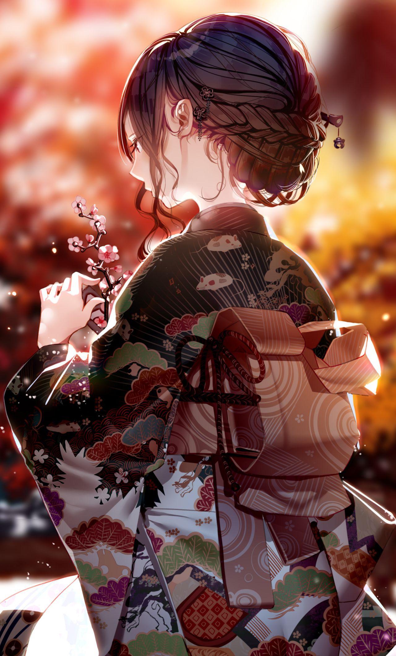 1280x2120 Kimono Dress Anime Girl 4k iPhone HD 4k Wallpaper