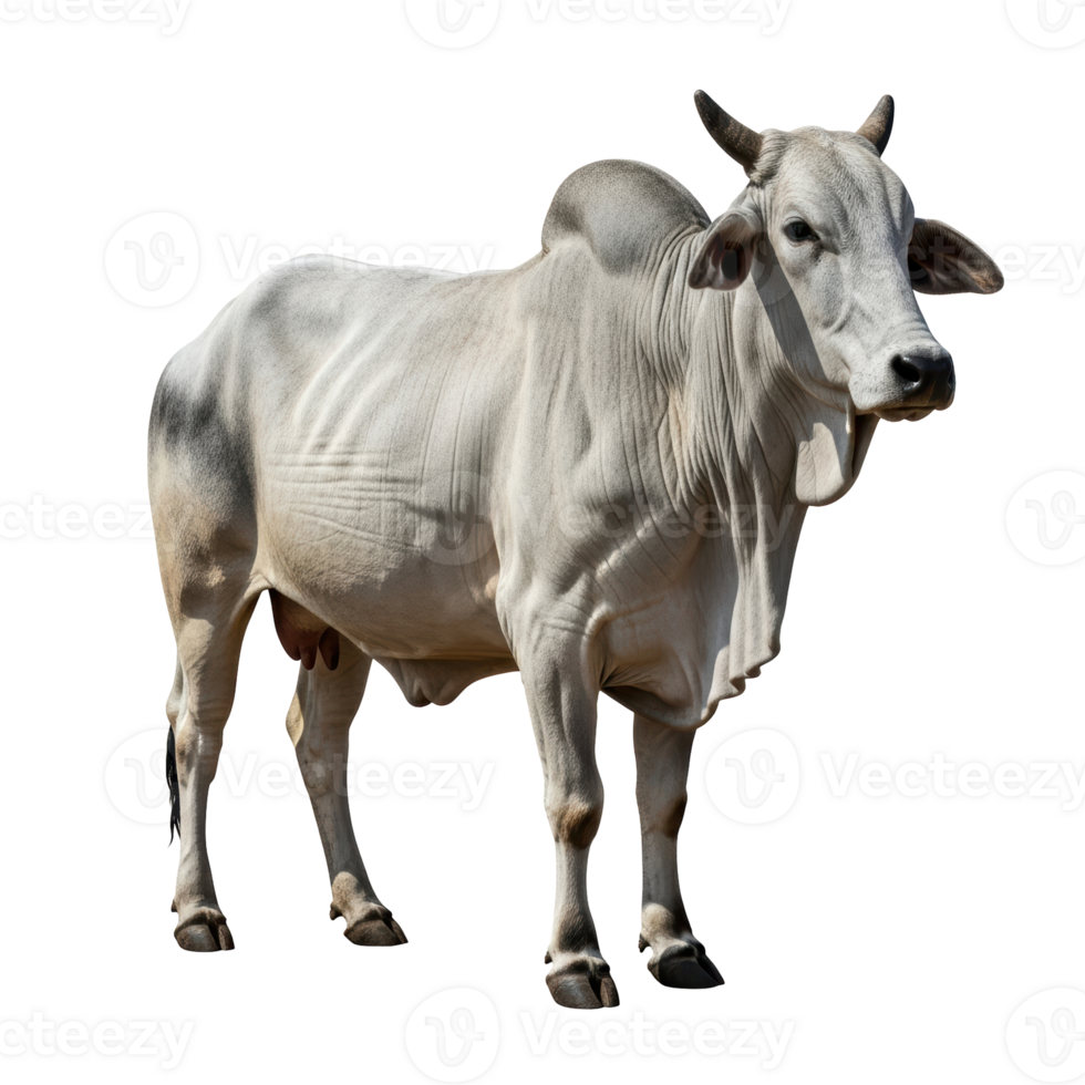 980x980 A full body view of a white brahman cow, known for its distinctive hump and loose skin, standing calmly. Ideal for agricultural, livestock, or educational content. 69080271 PNG