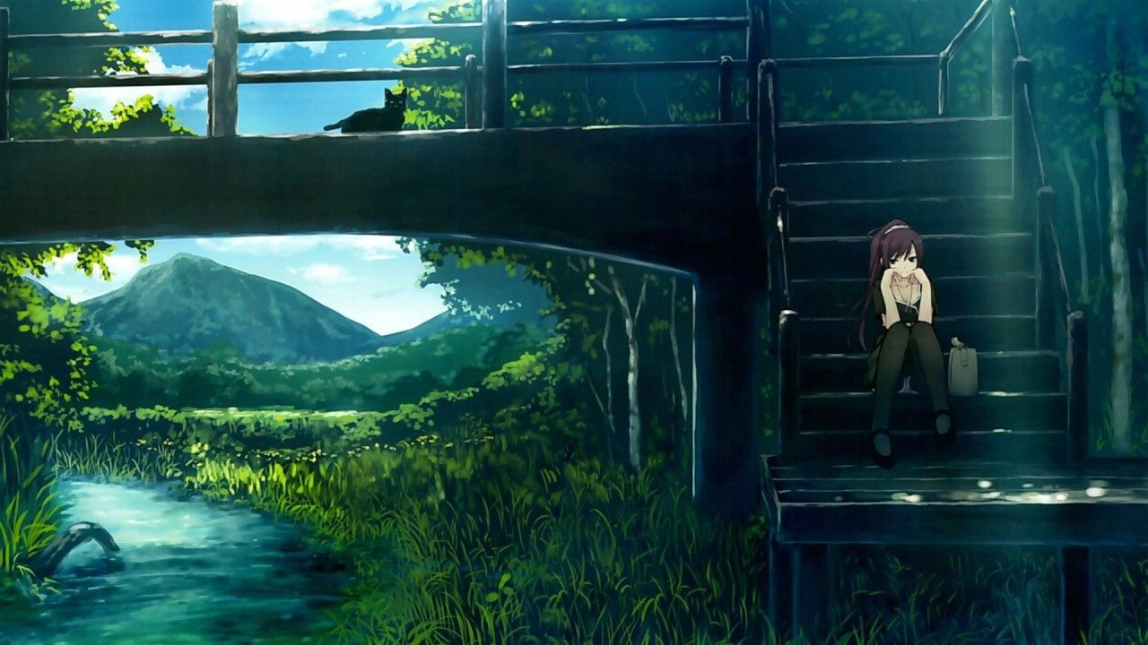 1280x720 Girl Bridge Green Grass Plants Trees Cat Anime Background HD Anime Background Wallpaper