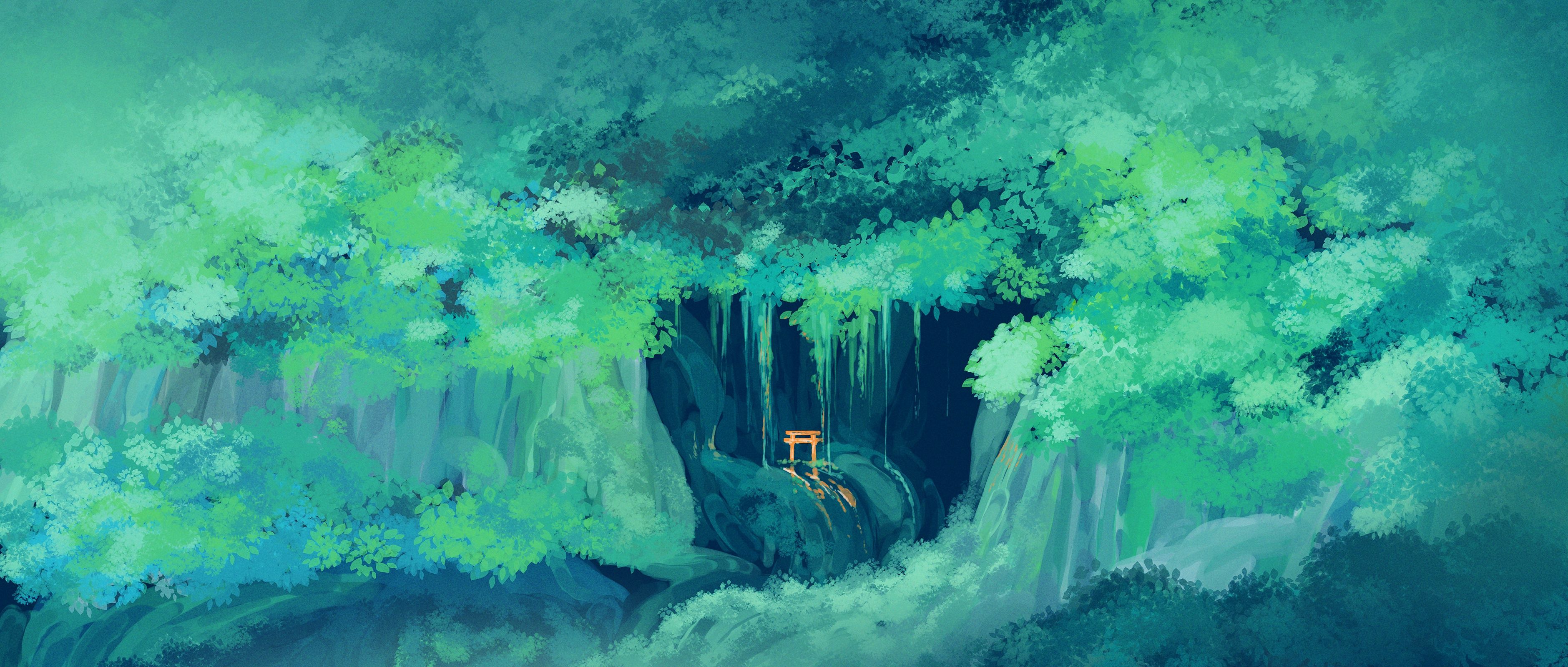 3760x1600 Wallpaper greens, forest, torii for mobile and desktop, section арт, resolution 3760x1600