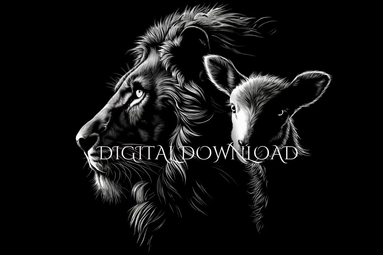 1280x852 Lion and Lamb Art Print, Black Background, Religious Wall Art (digital Download)