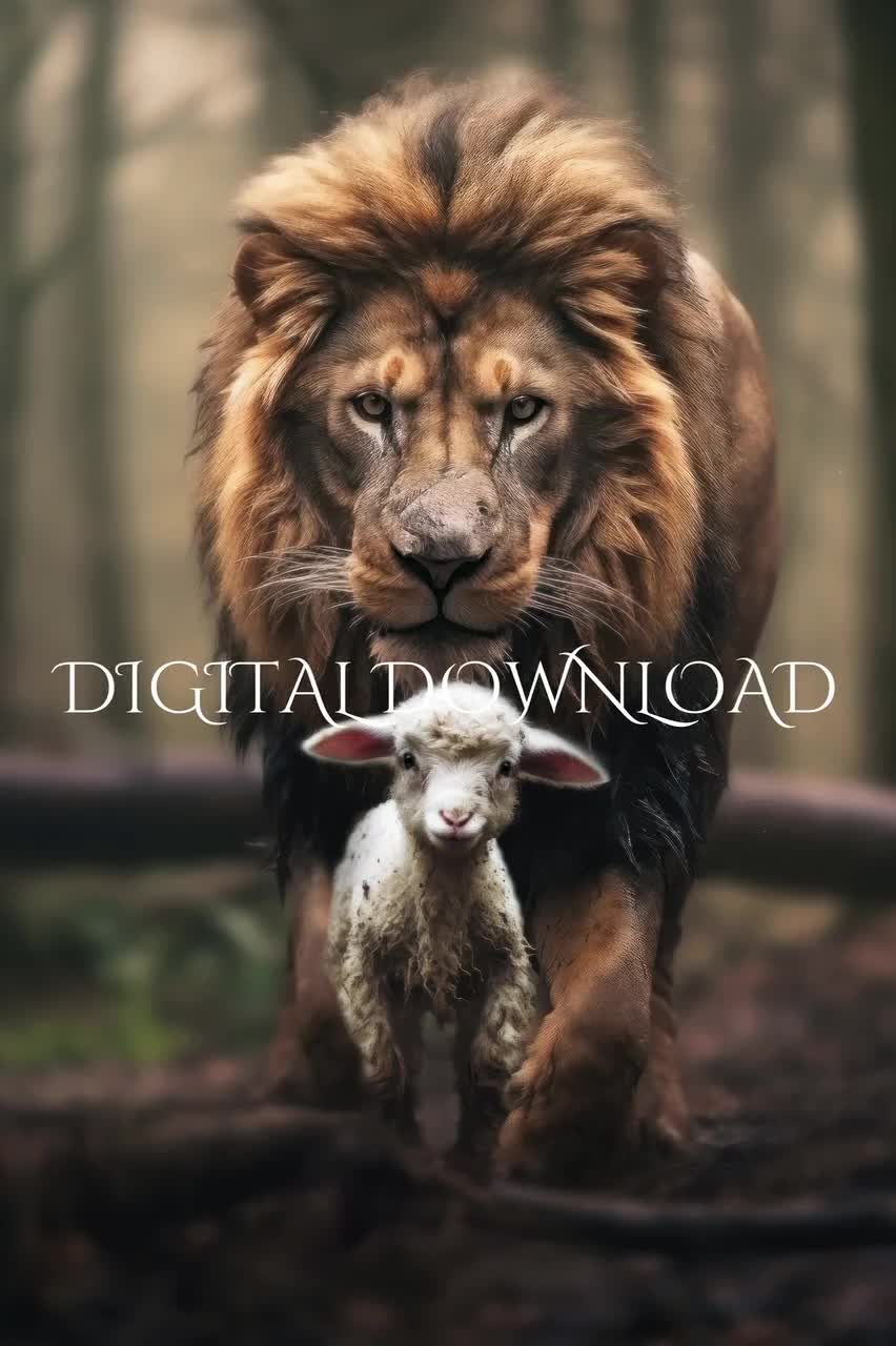 852x1280 Lion and Lamb Art Print: Divine Protection, Spiritual Decor (digital Download)