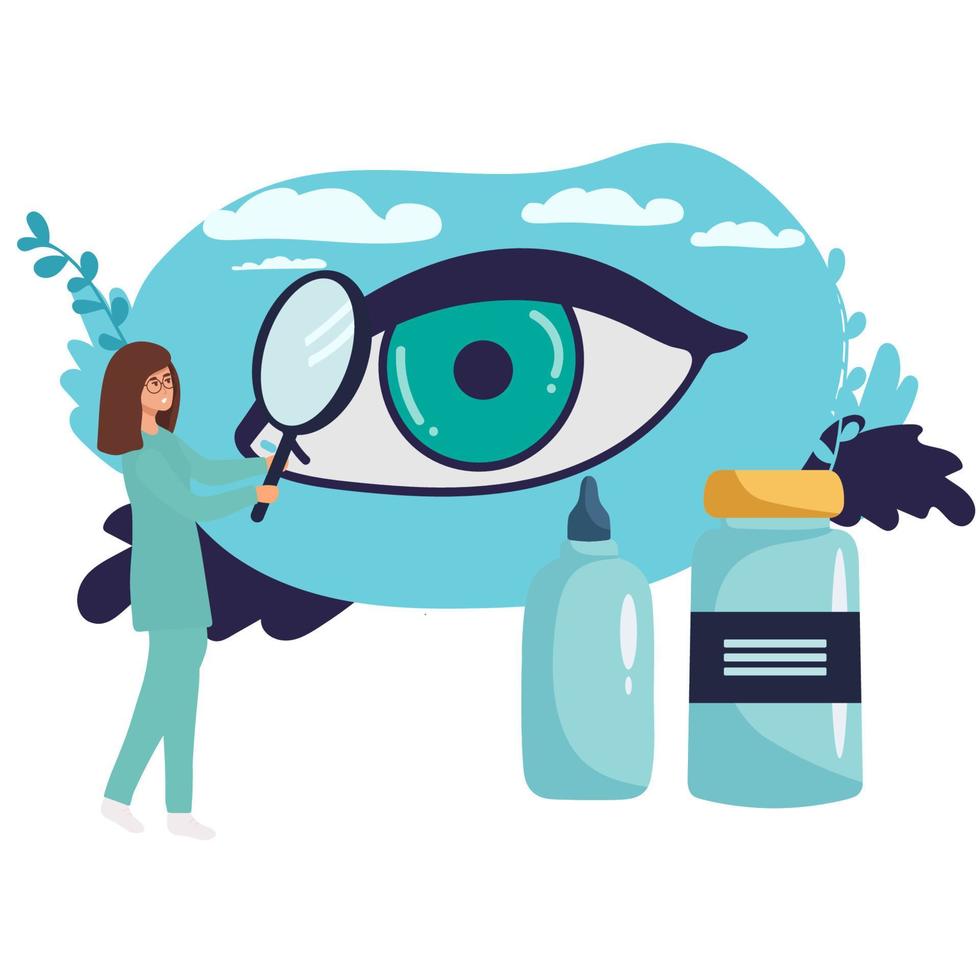 980x980 Ophthalmology medicine and optical eyesight examination. Idea of eye care and vision. Ophthalmologist doctor tests myopia. Patient sight correction, treatment with pills drops and glasses