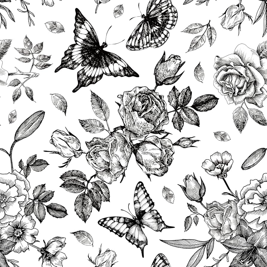 894x894 VaryPaper 17.7x315 Black and White Peel and Stick Wallpaper Floral Rose Butterfly Wallpaper Vintage Sketch Floral Wall Mural Wall Coverings Removable Vinyl Wallpaper for Bedroom Bathroom Classroom