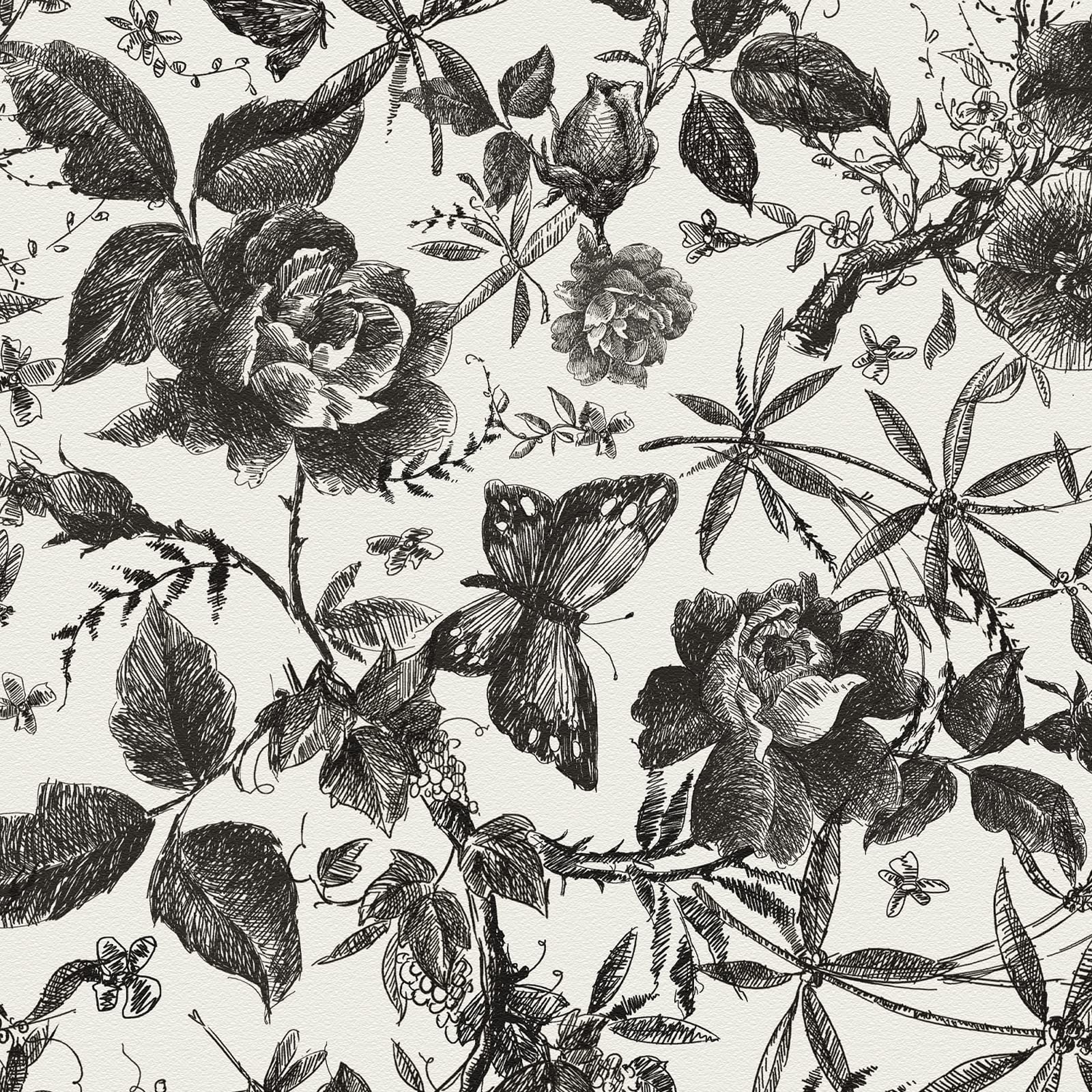 1600x1600 JiffDiff Floral Vintage Wallpaper Peel and Stick Wall Stick Black and White Rose Removable Vinyl Wall Paper Sketch Floral Decor for Living Room, Nursery, Wedding, 15.8inx 236in