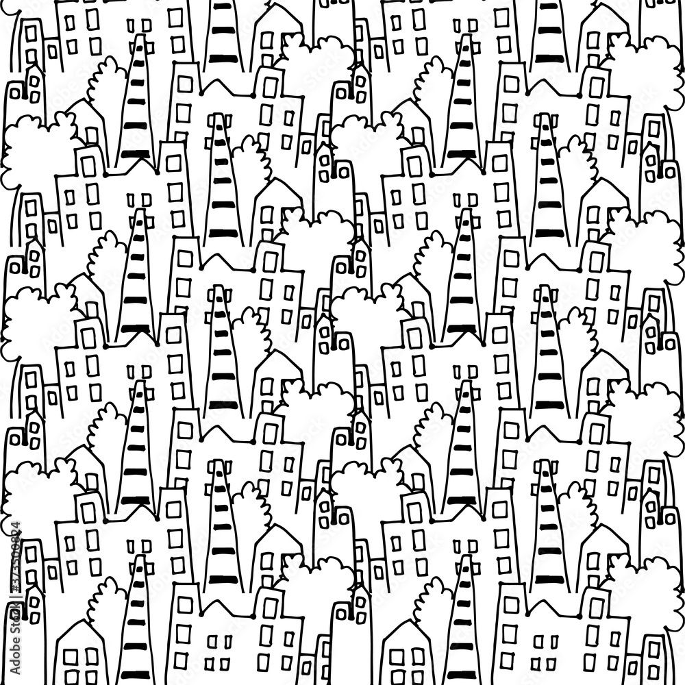 1000x1000 Seamless City Sketch Pattern Background. Black And White Doodle Art, Cartoon Style. Hand Drawn Vector. Modern Scribble For Kids, Wallpaper, Wrapping Paper And Gift. Simple Sketch, Drawn With Pen. Stock Vektor