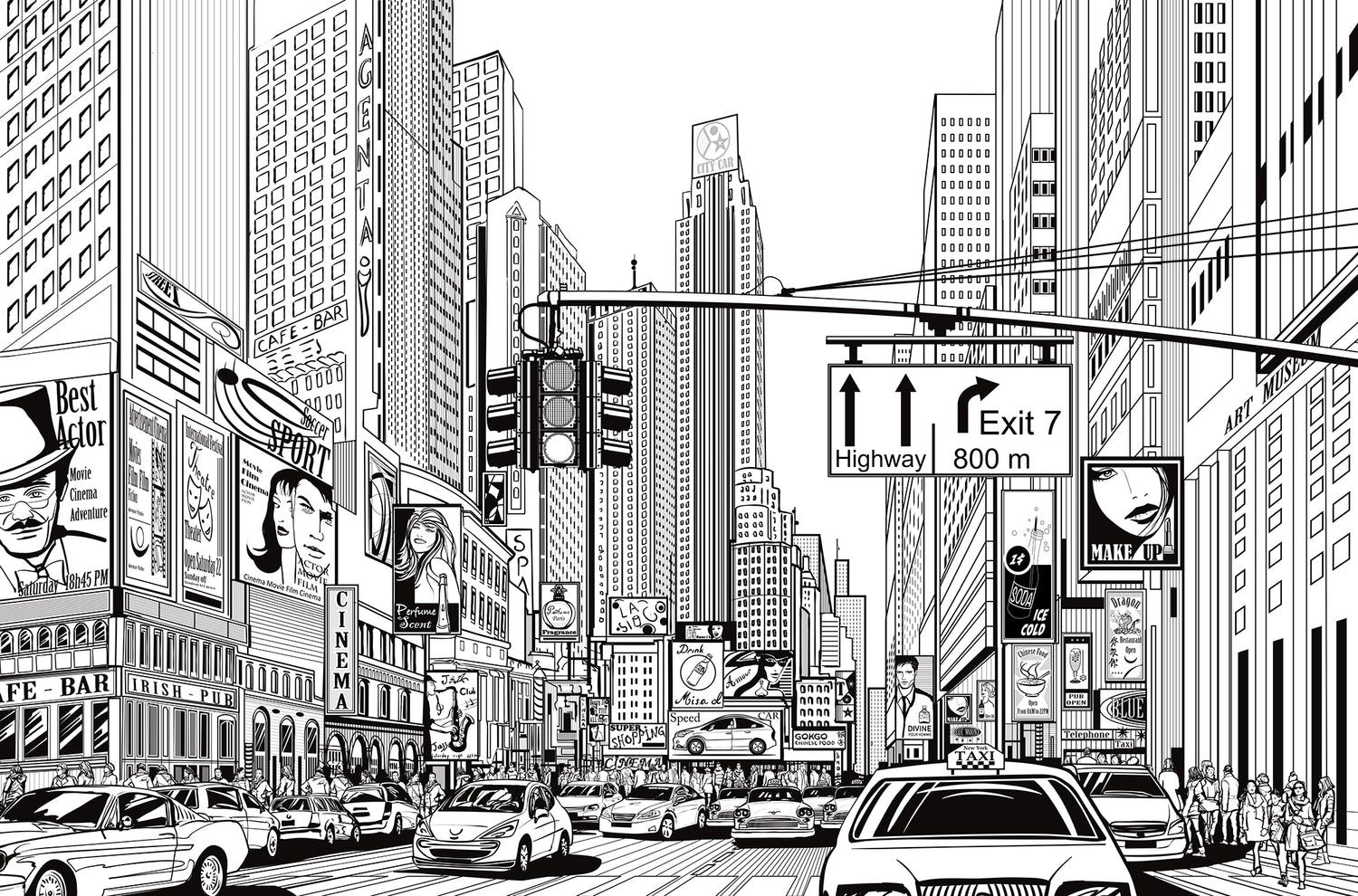 1500x990 Cartoon City, Black & White Mural Wallpaper